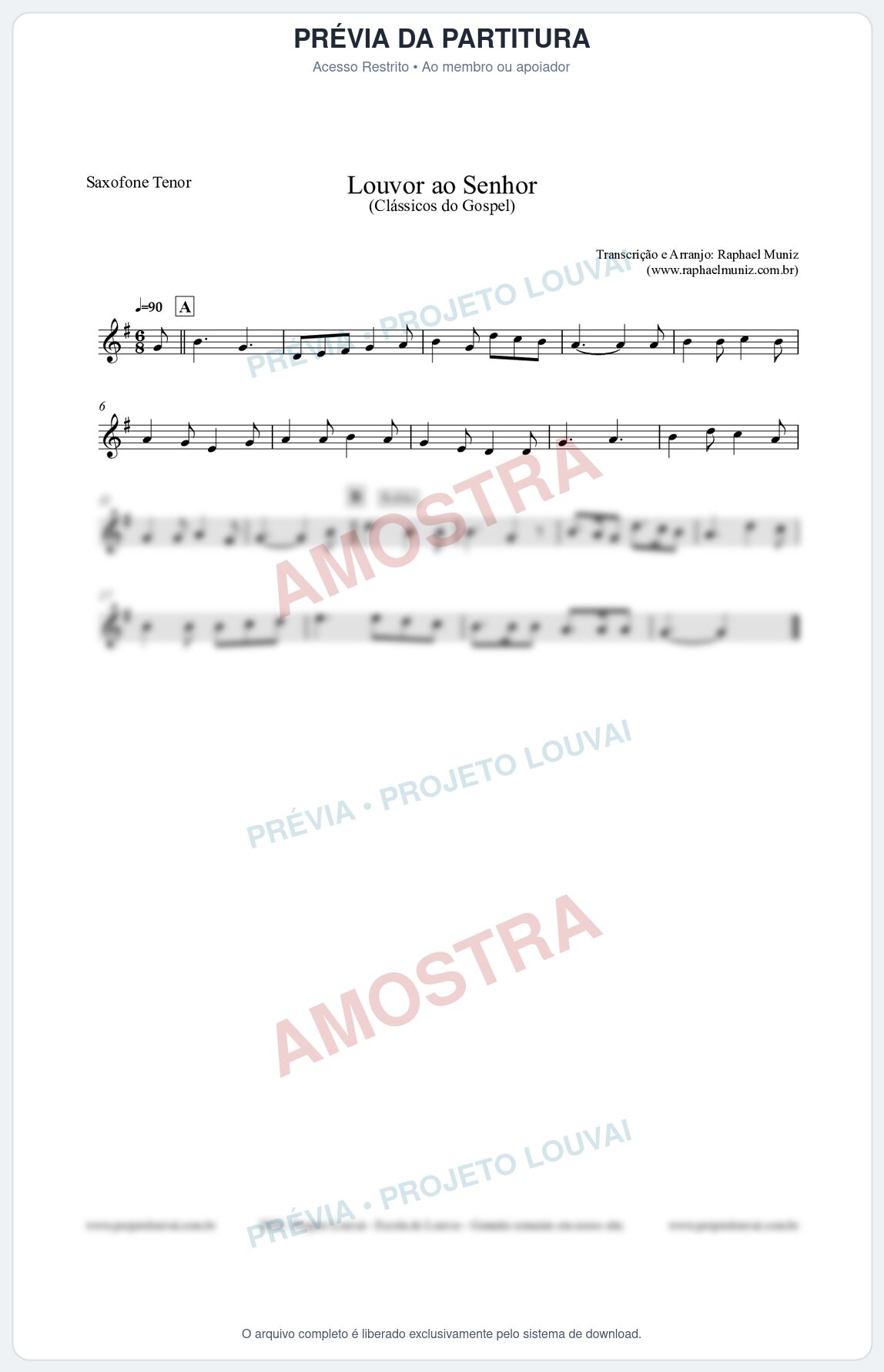 Prévia protegida da primeira página da partitura Partitura para Saxofone Tenor - Louvor ao Senhor - Cantor Cristão nº3 - Clássicos do Gospel