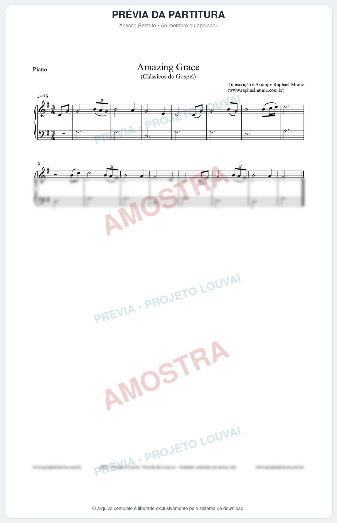 Prévia protegida da primeira página da partitura Amazing Grace - Partitura para Piano (Nível Iniciante) - Clássicos do Gospel