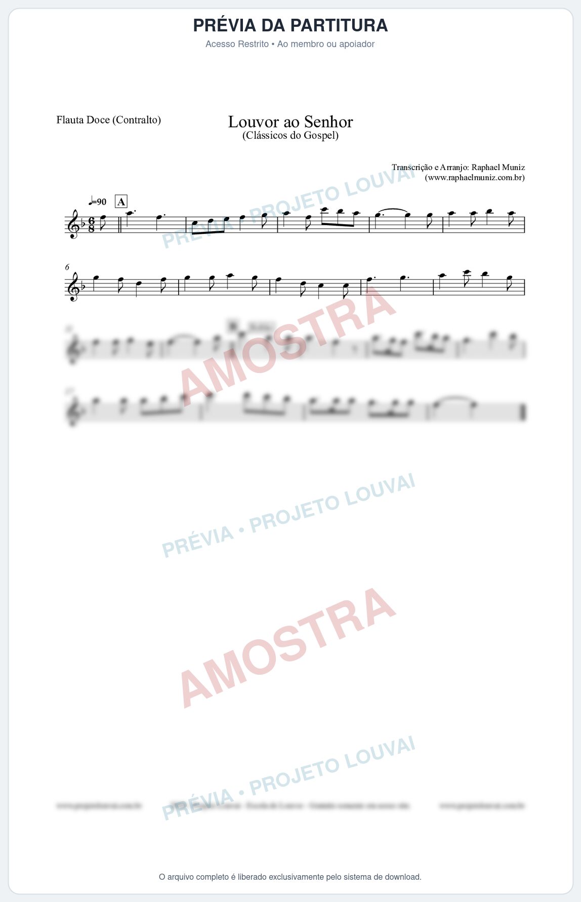 Prévia protegida da primeira página da partitura Partitura para Flauta Doce (Contralto) - Louvor ao Senhor - Cantor Cristão nº3 - Clássicos do Gospel
