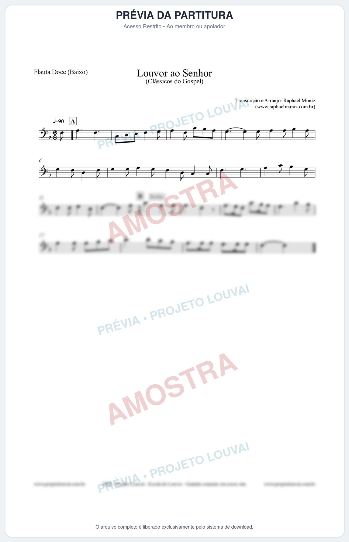 Prévia protegida da primeira página da partitura Partitura para Flauta Doce (Baixo) - Louvor ao Senhor - Cantor Cristão nº3 - Clássicos do Gospel