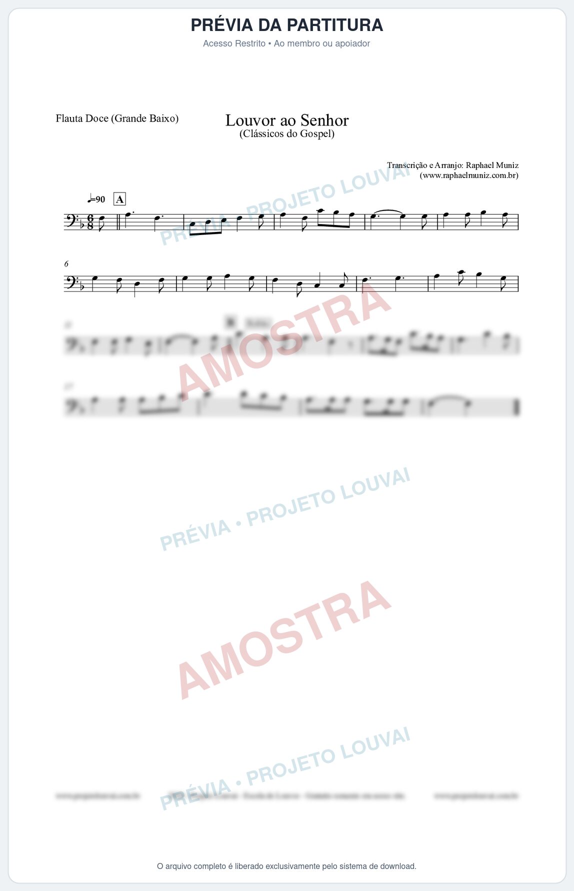 Prévia protegida da primeira página da partitura Partitura para Flauta Doce (Grande Baixo) - Louvor ao Senhor - Cantor Cristão nº3 - Clássicos do Gospel