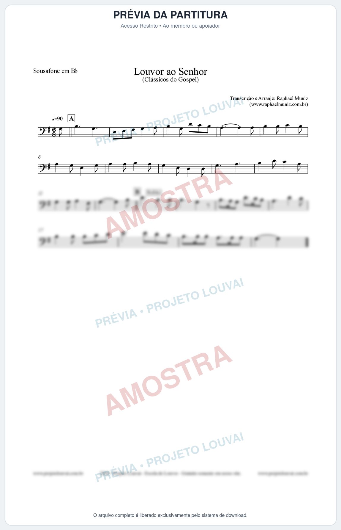 Prévia protegida da primeira página da partitura Partitura para Sousafone em Bb - Louvor ao Senhor - Cantor Cristão nº3 - Clássicos do Gospel