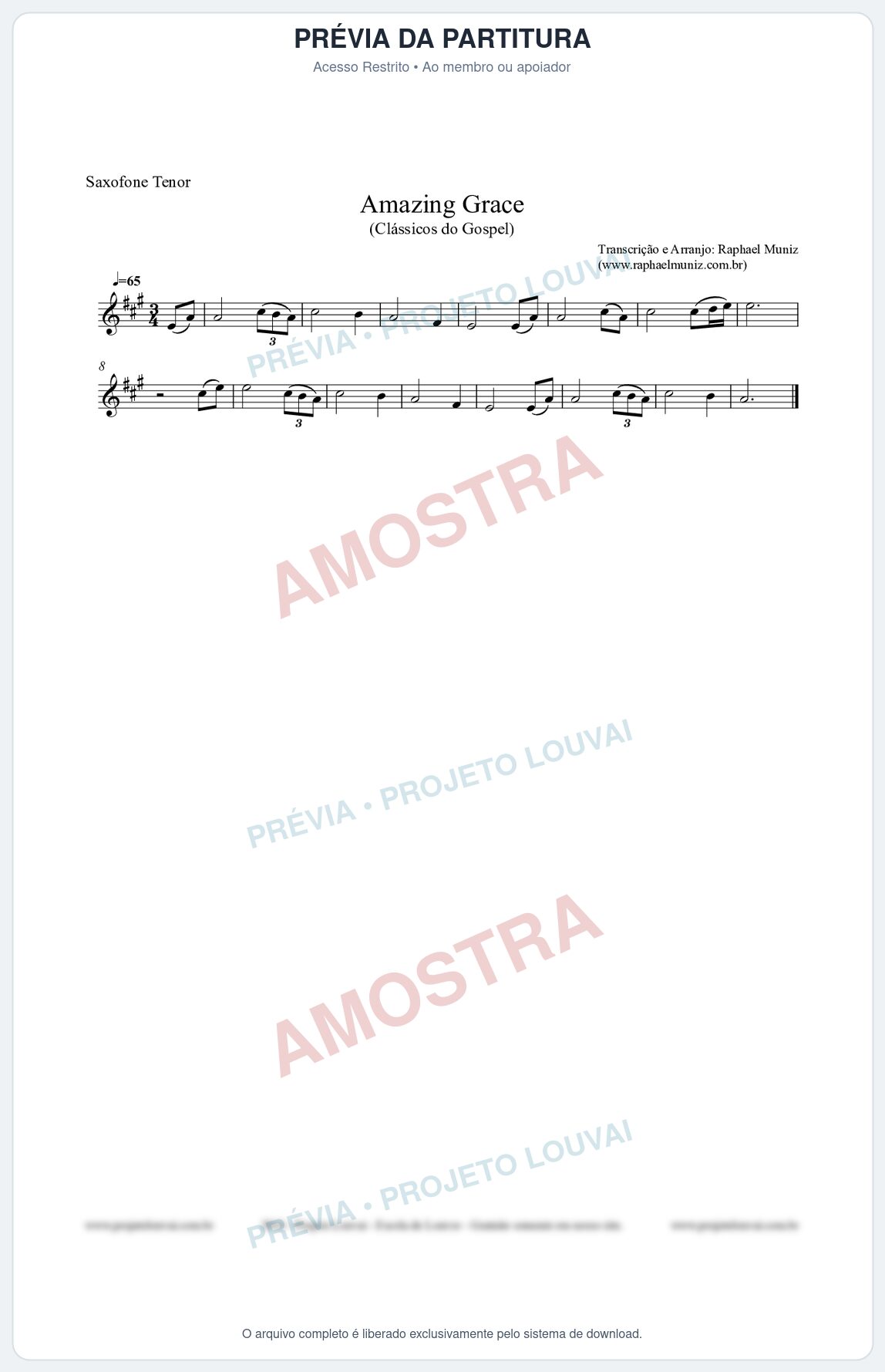 Prévia protegida da primeira página da partitura Partitura para Sax Tenor - Amazing Grace - Clássicos do Gospel