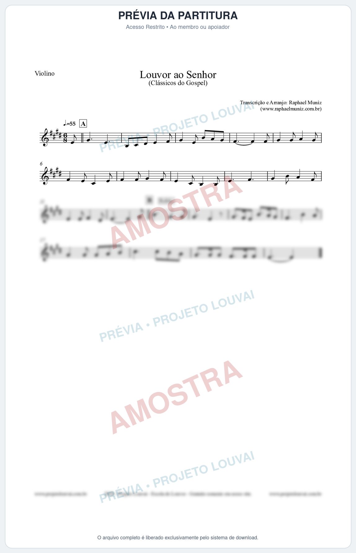 Prévia protegida da primeira página da partitura Partitura para Violino - Louvor ao Senhor - Cantor Cristão nº3 - Clássicos do Gospel