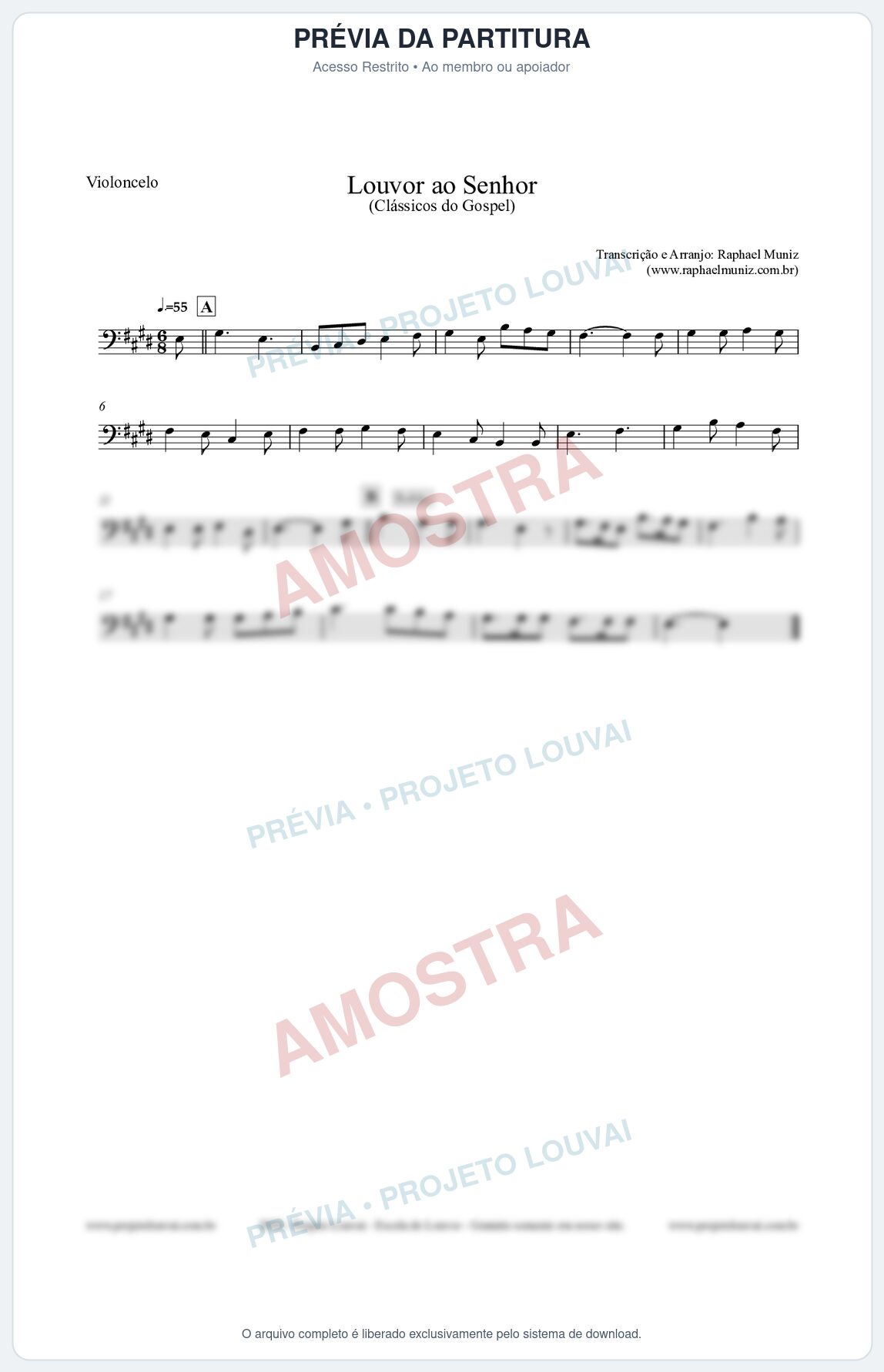 Prévia protegida da primeira página da partitura Partitura para Violoncelo - Louvor ao Senhor - Cantor Cristão nº3 - Clássicos do Gospel