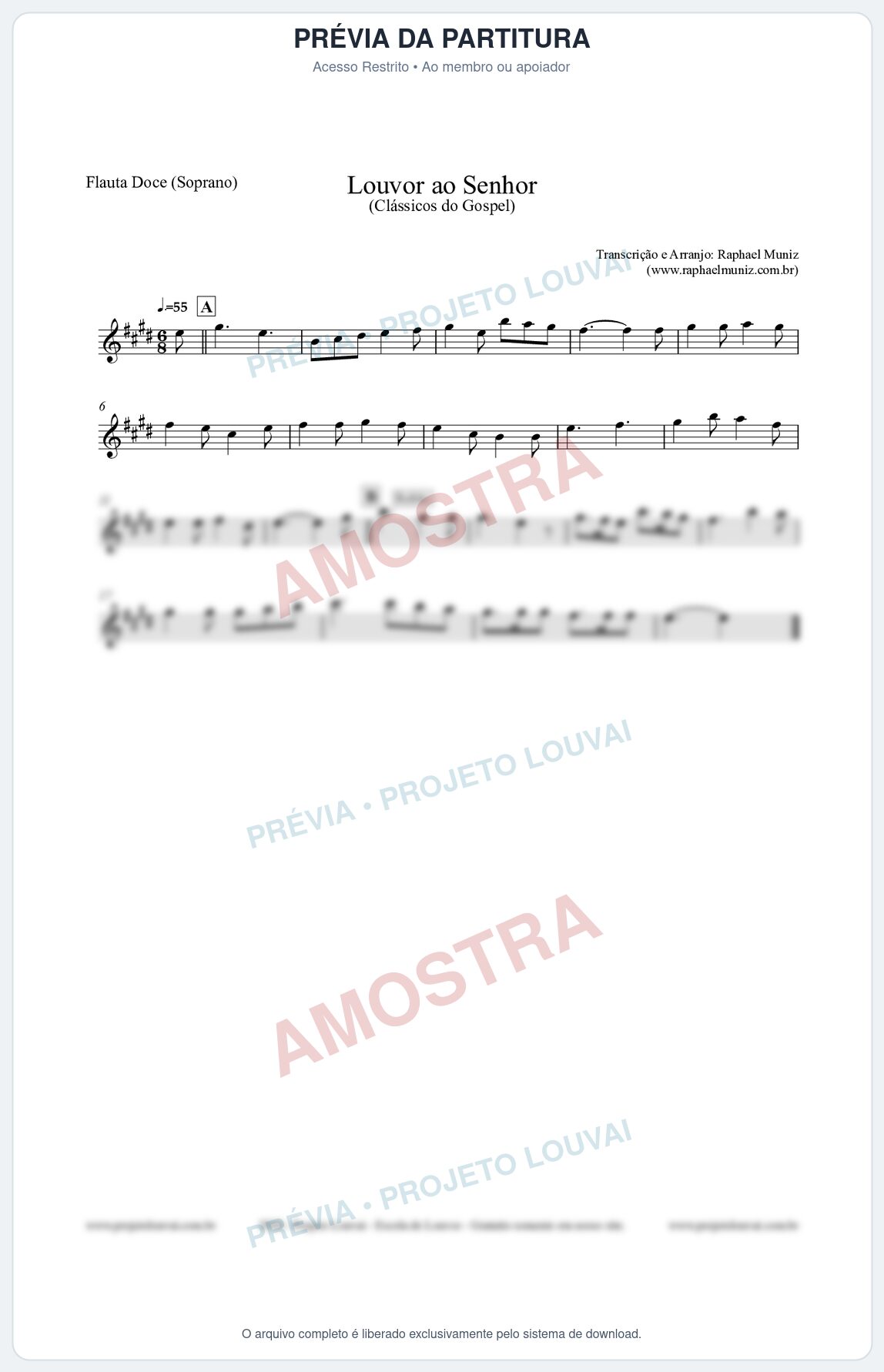 Prévia protegida da primeira página da partitura Partitura para Flauta Doce (Soprano) - Louvor ao Senhor - Cantor Cristão nº3 - Clássicos do Gospel