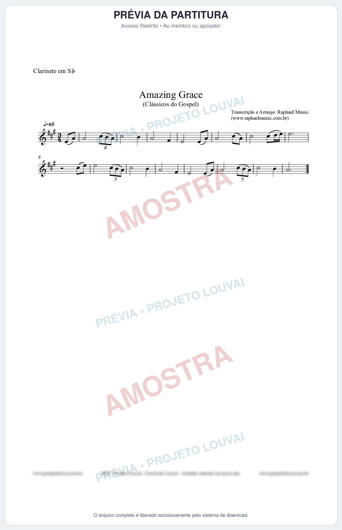 Prévia protegida da primeira página da partitura Partitura para Clarinete - Amazing Grace - Clássicos do Gospel