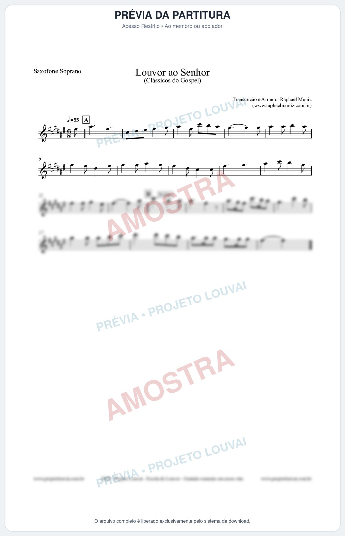 Prévia protegida da primeira página da partitura Partitura para Saxofone Soprano - Louvor ao Senhor - Cantor Cristão nº3 - Clássicos do Gospel