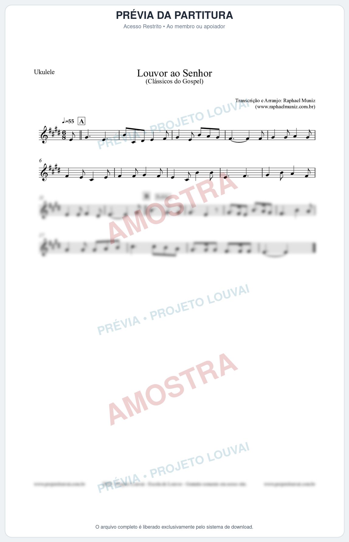 Prévia protegida da primeira página da partitura Partitura para Ukulele - Louvor ao Senhor - Cantor Cristão nº3 - Clássicos do Gospel