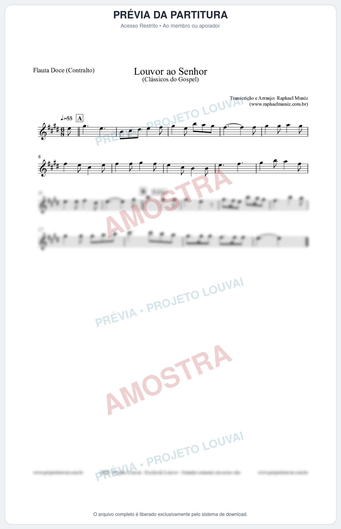 Prévia protegida da primeira página da partitura Partitura para Flauta Doce (Contralto) - Louvor ao Senhor - Cantor Cristão nº3 - Clássicos do Gospel