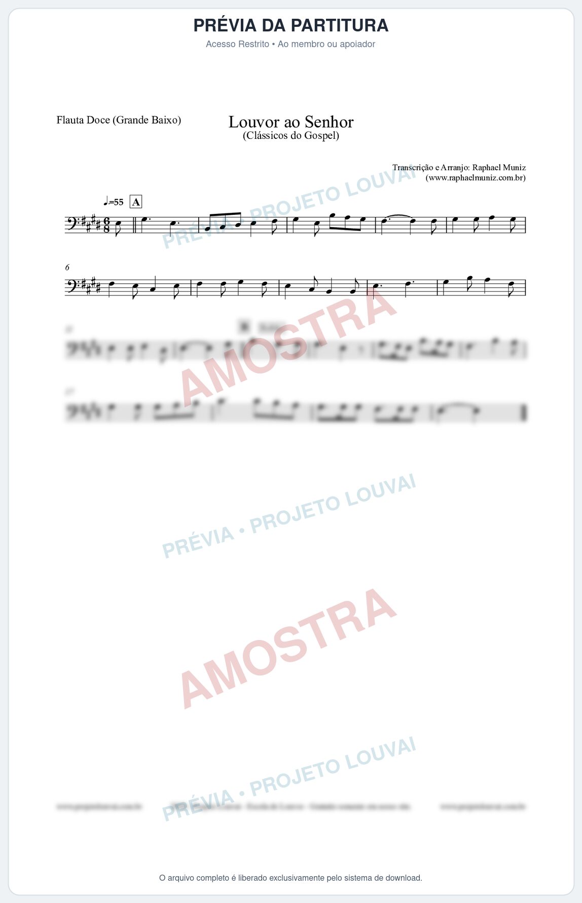 Prévia protegida da primeira página da partitura Partitura para Flauta Doce (Grande Baixo) - Louvor ao Senhor - Cantor Cristão nº3 - Clássicos do Gospel