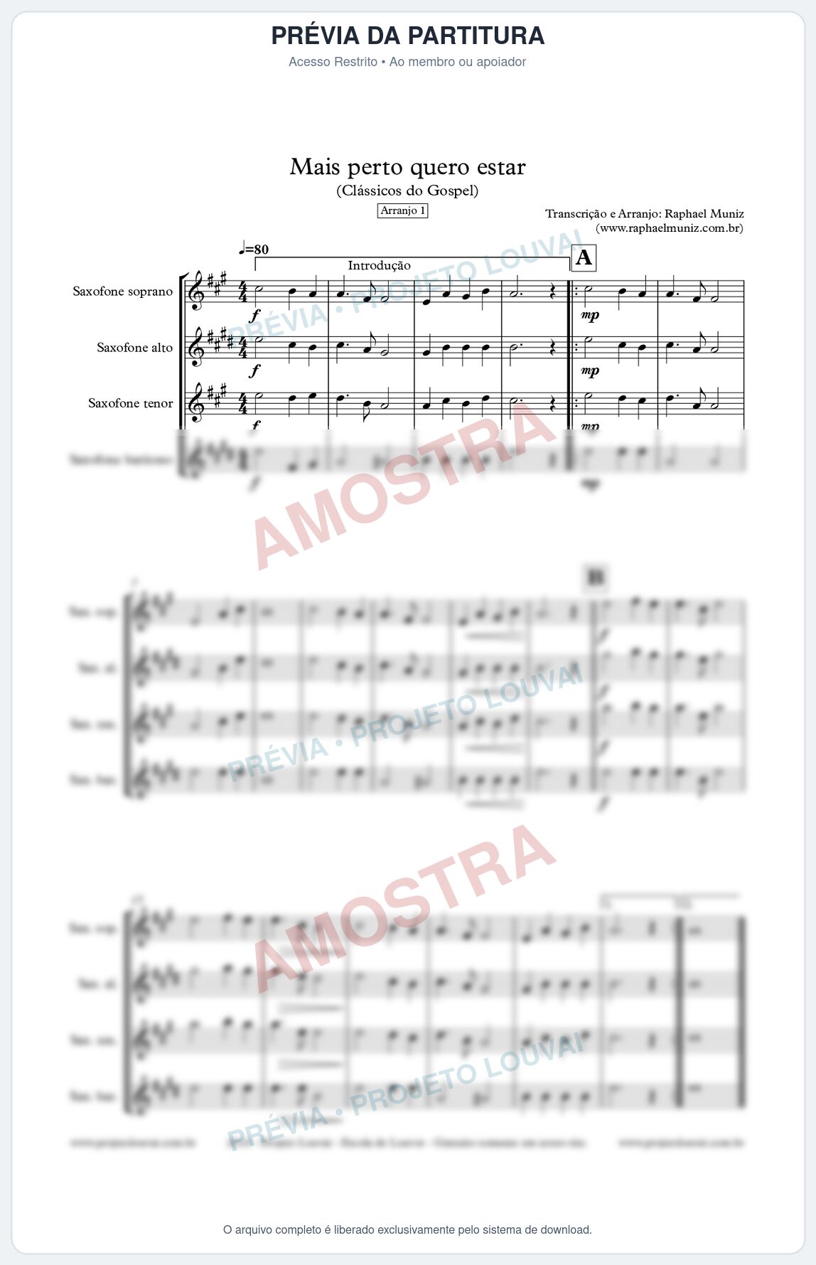 Prévia protegida da primeira página da partitura Partitura para Quarteto de Saxofones - Mais Perto Quero Estar - Arranjo 1 - Clássicos do Gospel