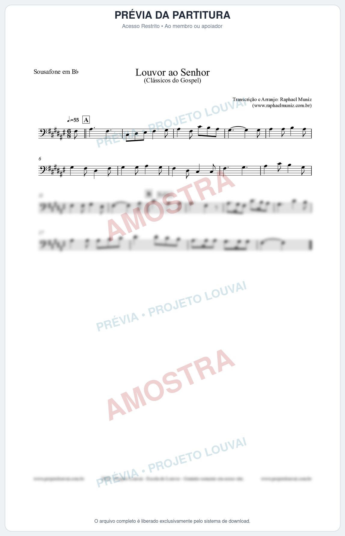 Prévia protegida da primeira página da partitura Partitura para Sousafone em Bb - Louvor ao Senhor - Cantor Cristão nº3 - Clássicos do Gospel