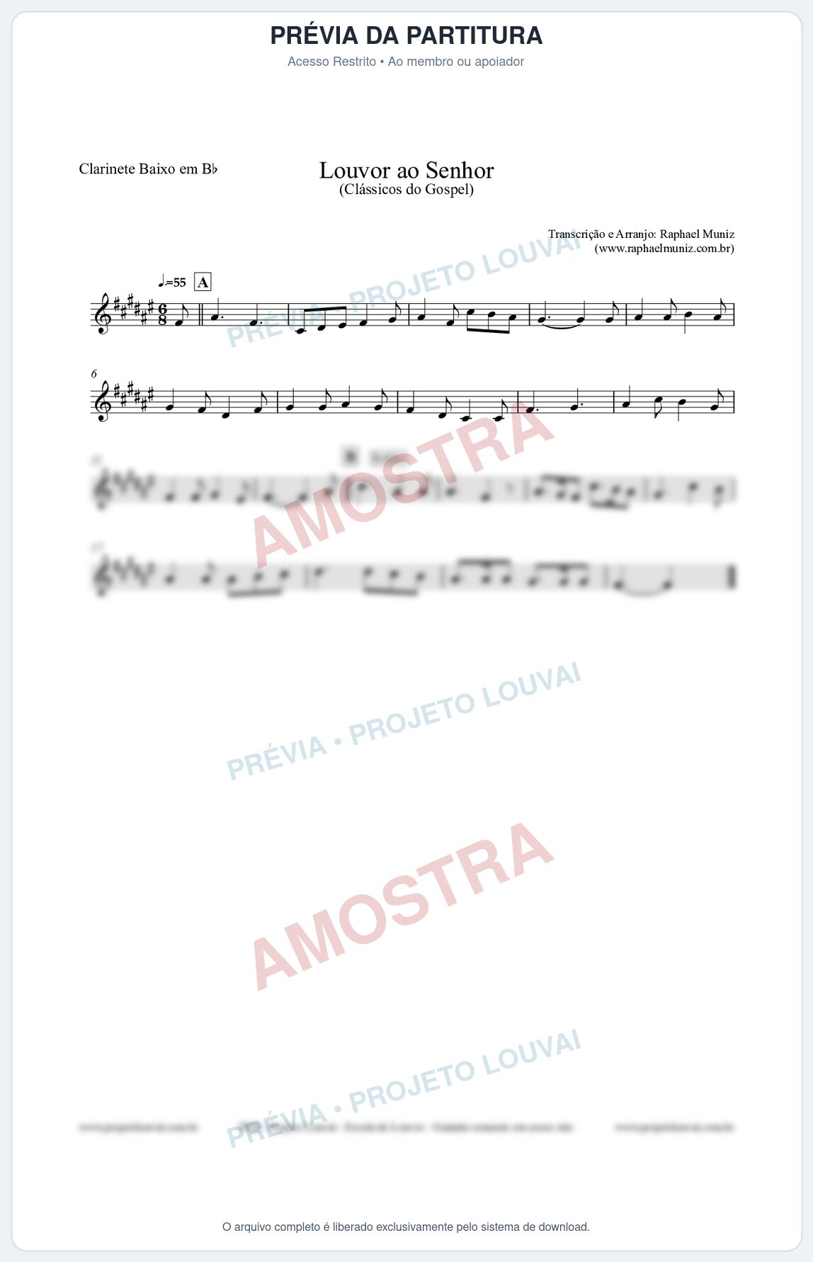 Prévia protegida da primeira página da partitura Partitura para Clarinete Baixo em Bb - Louvor ao Senhor - Cantor Cristão nº3 - Clássicos do Gospel