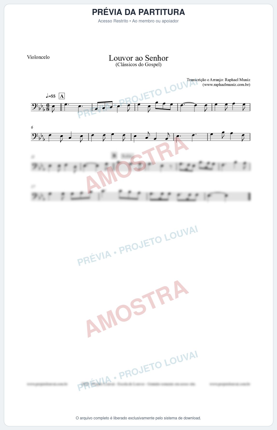 Prévia protegida da primeira página da partitura Partitura para Violoncelo - Louvor ao Senhor - Cantor Cristão nº3 - Clássicos do Gospel