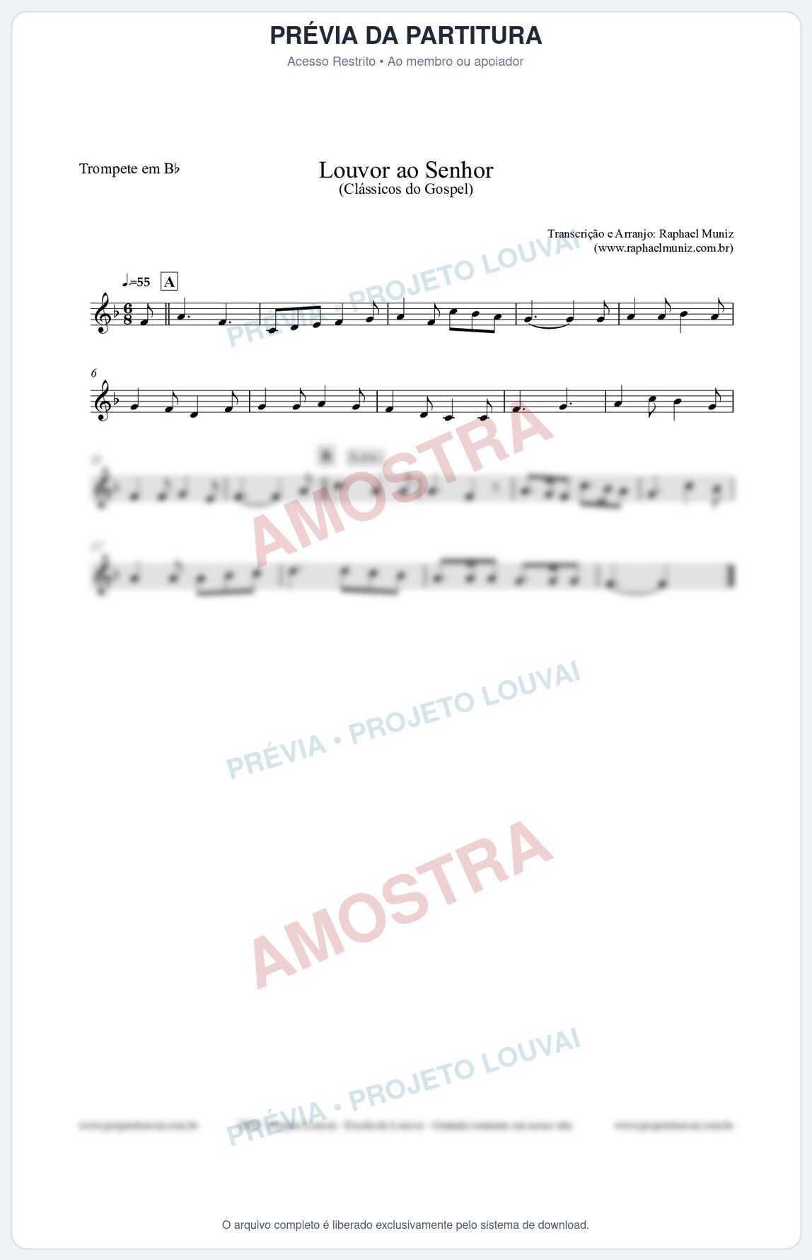 Prévia protegida da primeira página da partitura Partitura para Trompete em Bb - Louvor ao Senhor - Cantor Cristão nº3 - Clássicos do Gospel