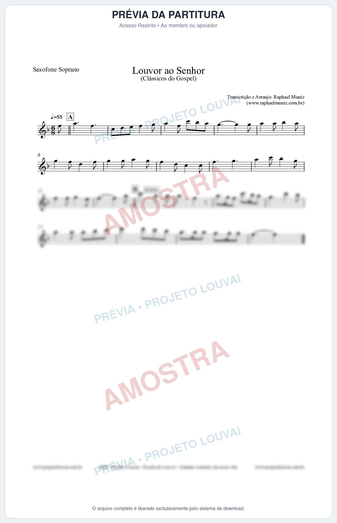 Prévia protegida da primeira página da partitura Partitura para Saxofone Soprano - Louvor ao Senhor - Cantor Cristão nº3 - Clássicos do Gospel