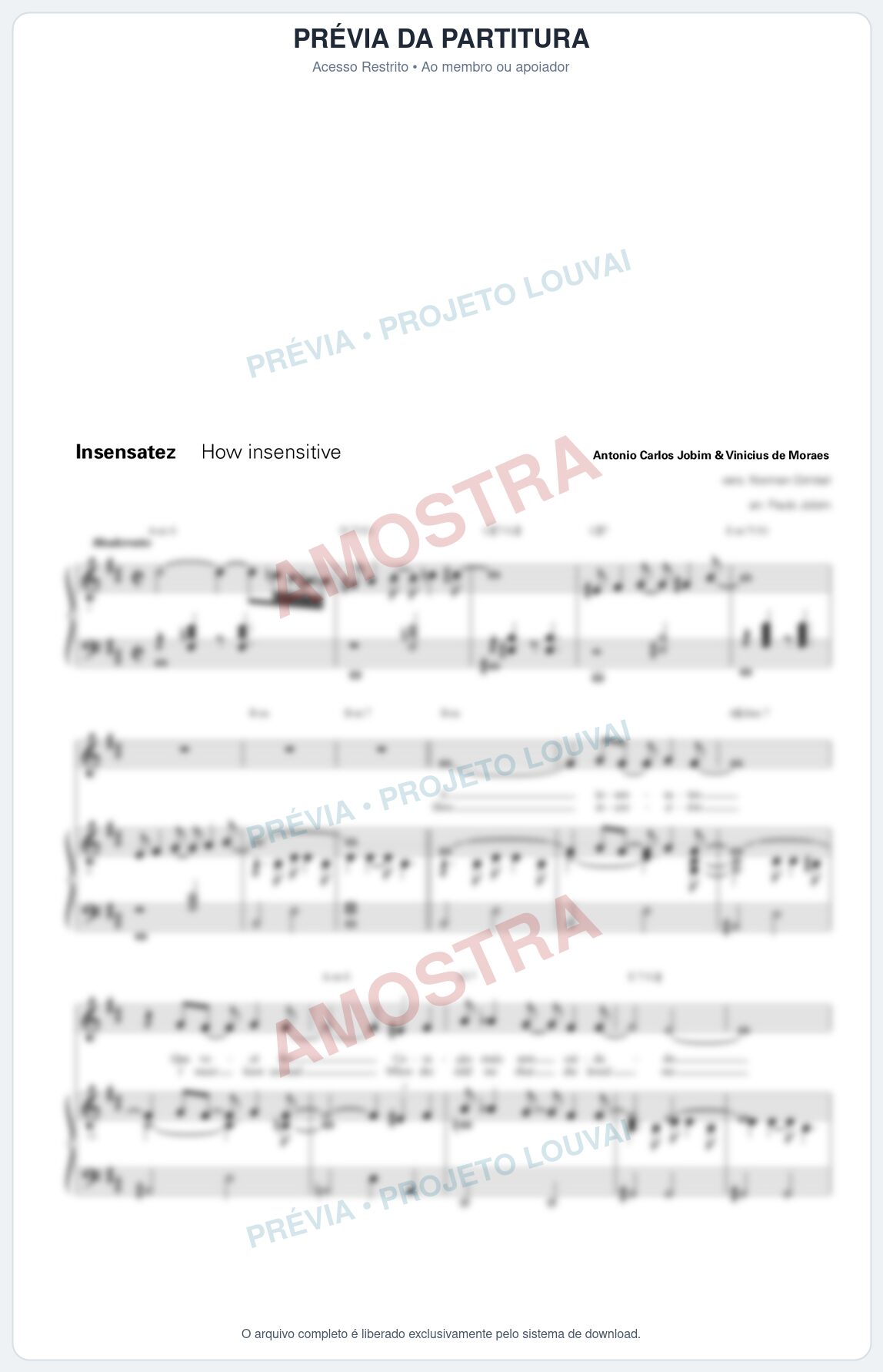 Prévia protegida da primeira página da partitura Partitura para Piano e Voz - Insensatez - Tom Jobim