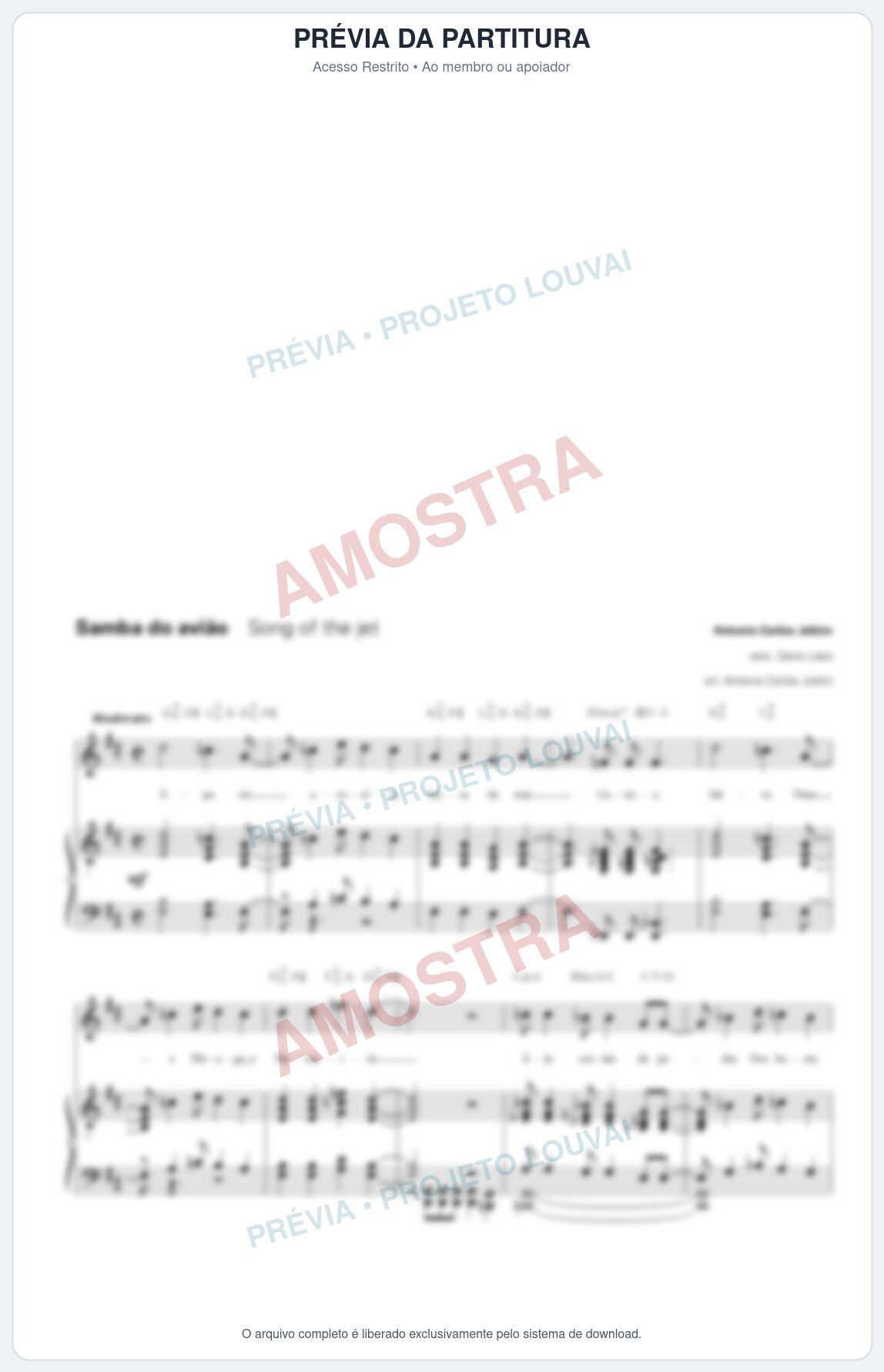 Prévia protegida da primeira página da partitura Partitura para Piano e Voz - Samba do avião - Tom Jobim