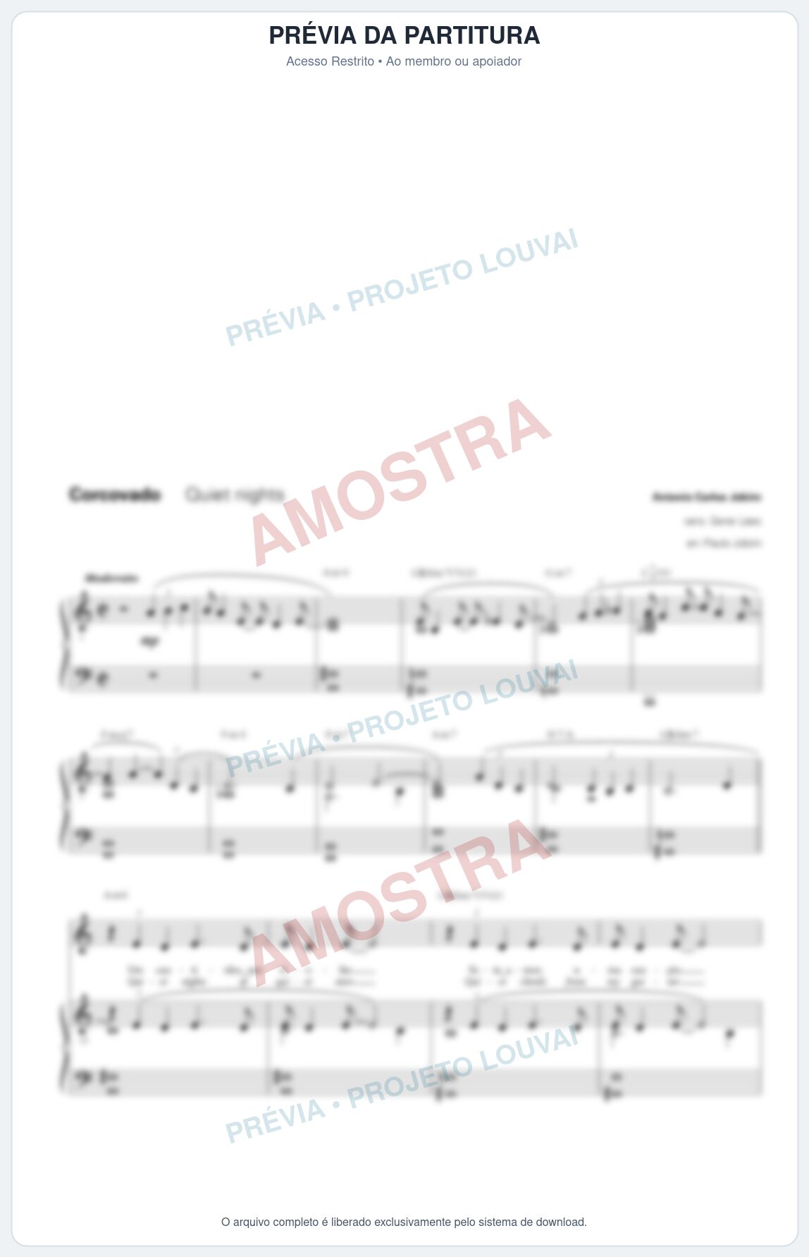 Prévia protegida da primeira página da partitura Partitura para Piano e Voz - Corcovado - Tom Jobim