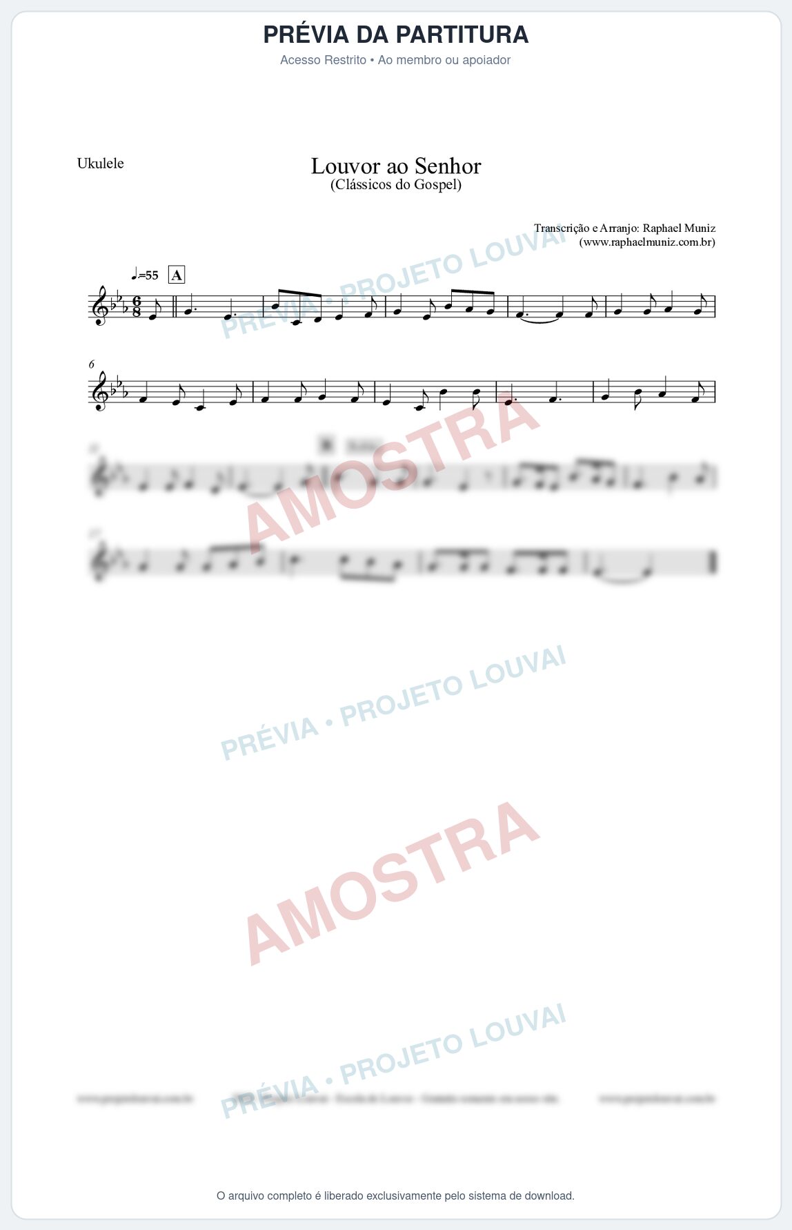 Prévia protegida da primeira página da partitura Partitura para Ukulele - Louvor ao Senhor - Cantor Cristão nº3 - Clássicos do Gospel