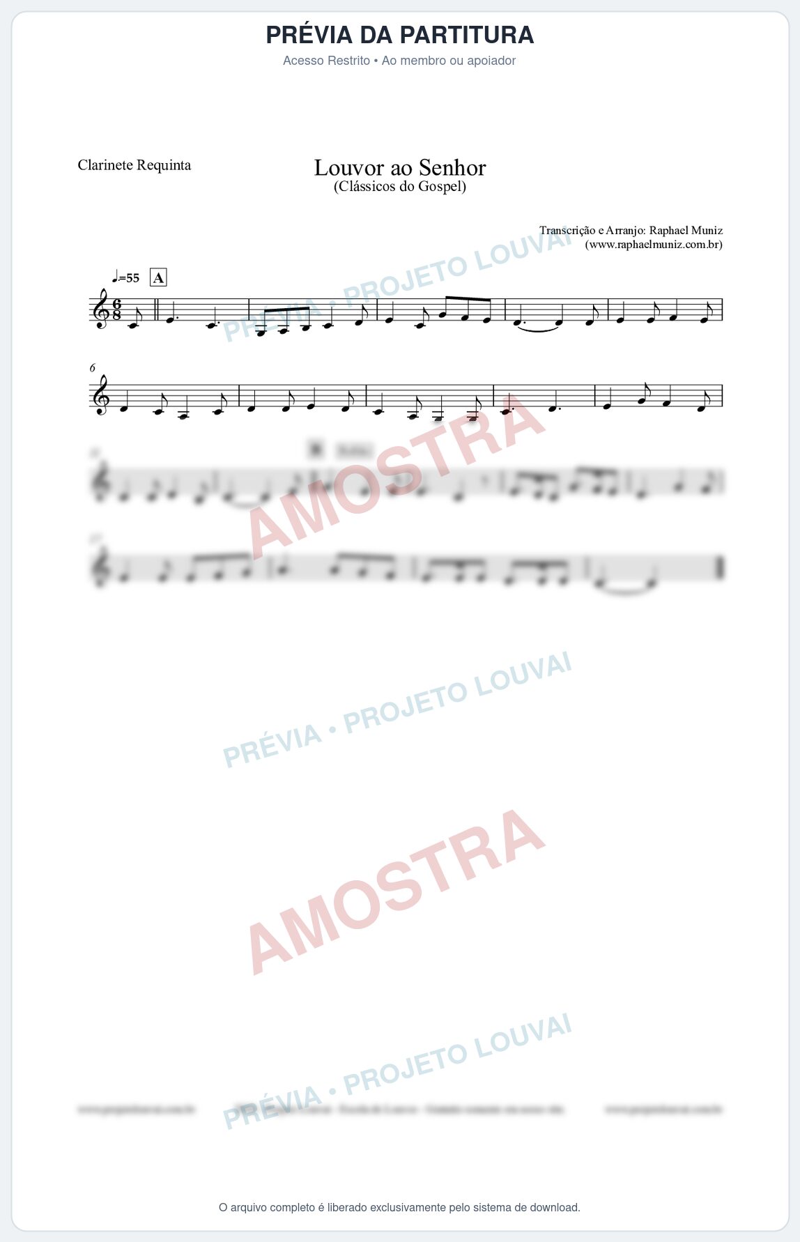 Prévia protegida da primeira página da partitura Partitura para Clarinete Requinta - Louvor ao Senhor - Cantor Cristão nº3 - Clássicos do Gospel