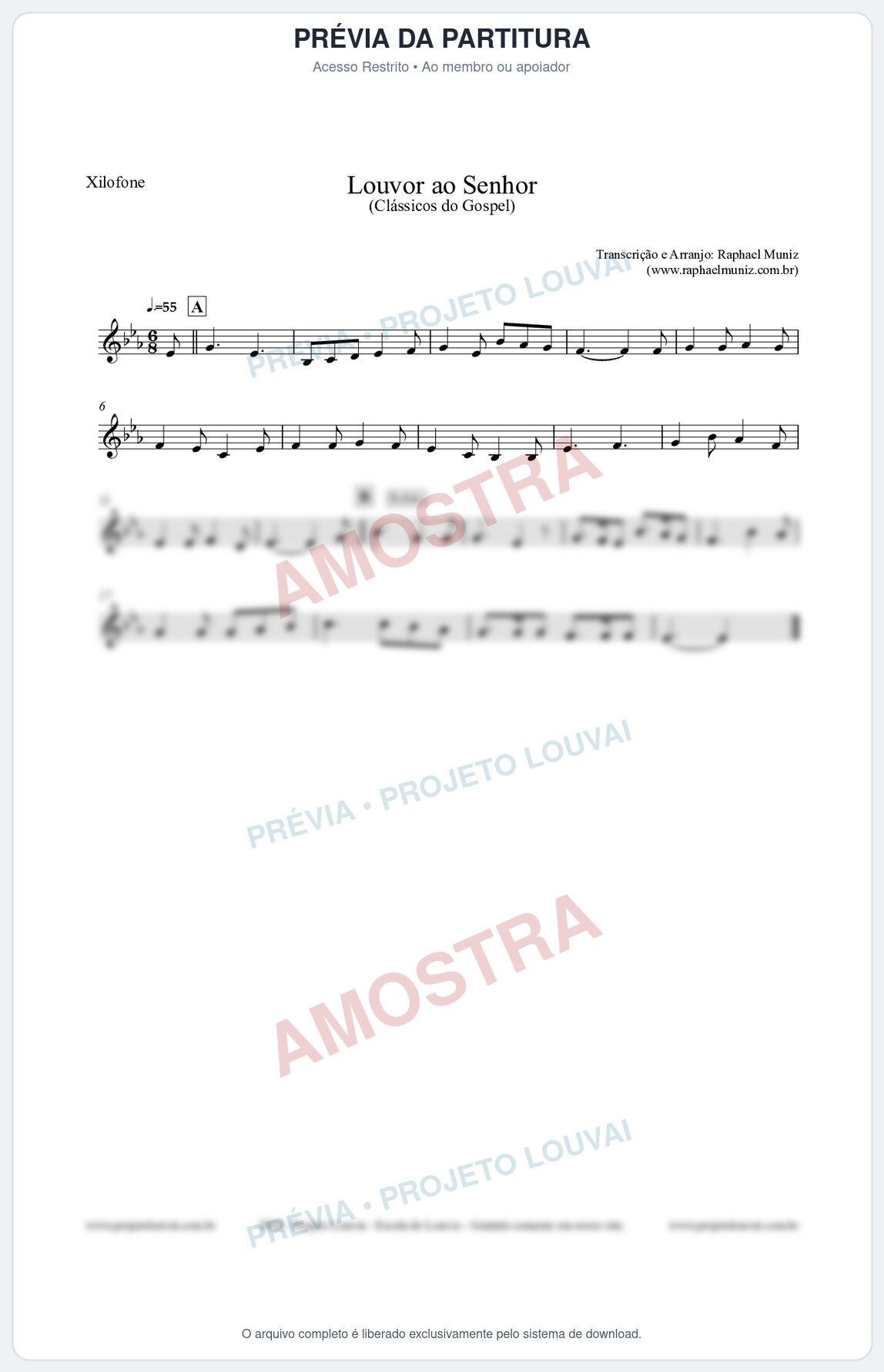 Prévia protegida da primeira página da partitura Partitura para Xilofone - Louvor ao Senhor - Cantor Cristão nº3 - Clássicos do Gospel