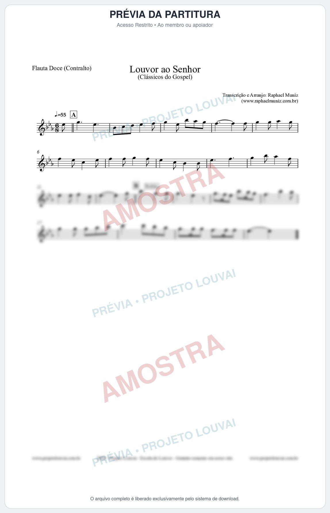 Prévia protegida da primeira página da partitura Partitura para Flauta Doce (Contralto) - Louvor ao Senhor - Cantor Cristão nº3 - Clássicos do Gospel