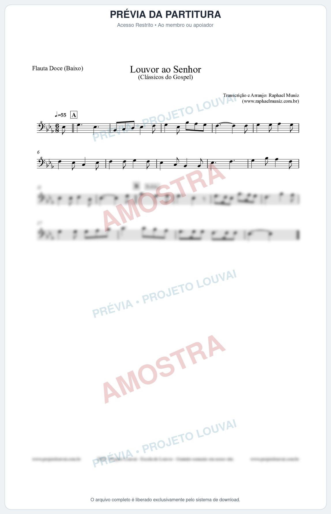 Prévia protegida da primeira página da partitura Partitura para Flauta Doce (Baixo) - Louvor ao Senhor - Cantor Cristão nº3 - Clássicos do Gospel