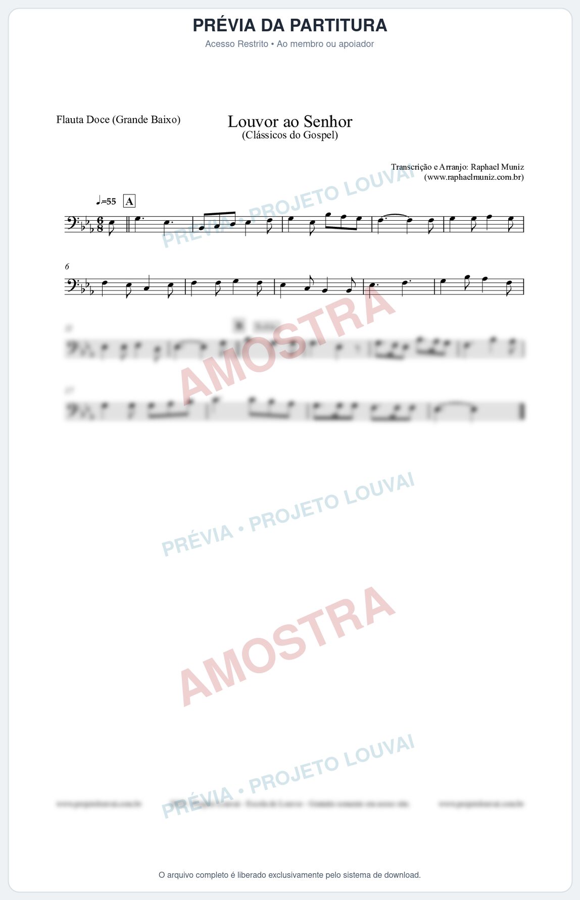 Prévia protegida da primeira página da partitura Partitura para Flauta Doce (Grande Baixo) - Louvor ao Senhor - Cantor Cristão nº3 - Clássicos do Gospel