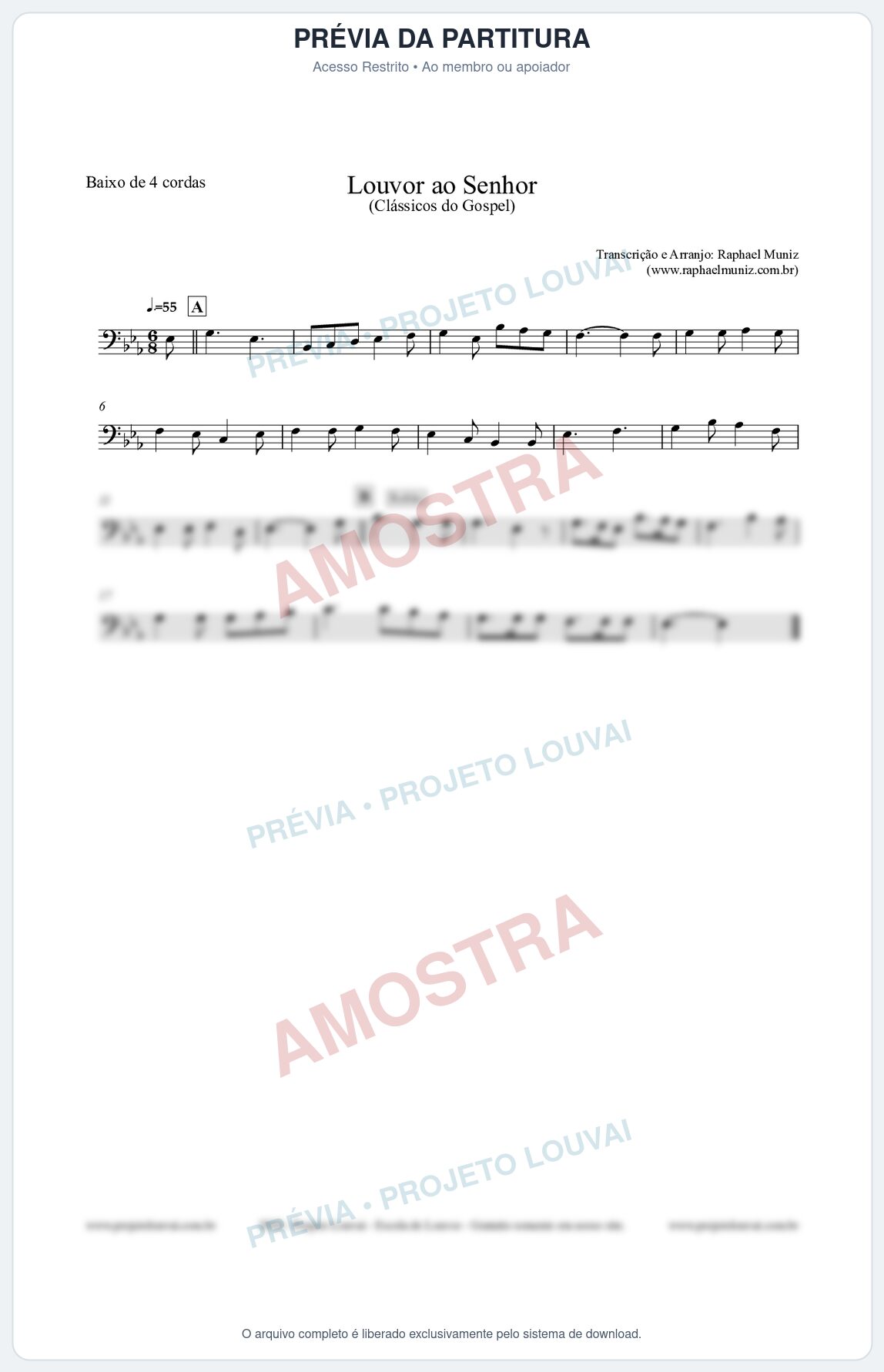 Prévia protegida da primeira página da partitura Partitura para Baixo de 4 cordas - Louvor ao Senhor - Cantor Cristão nº3 - Clássicos do Gospel