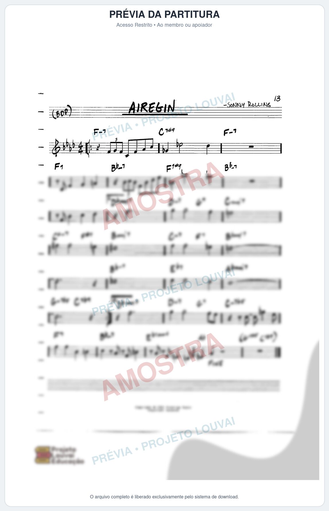 Prévia protegida da primeira página da partitura Partitura para Saxophone Sopranino - Airegin - Real Book de Jazz