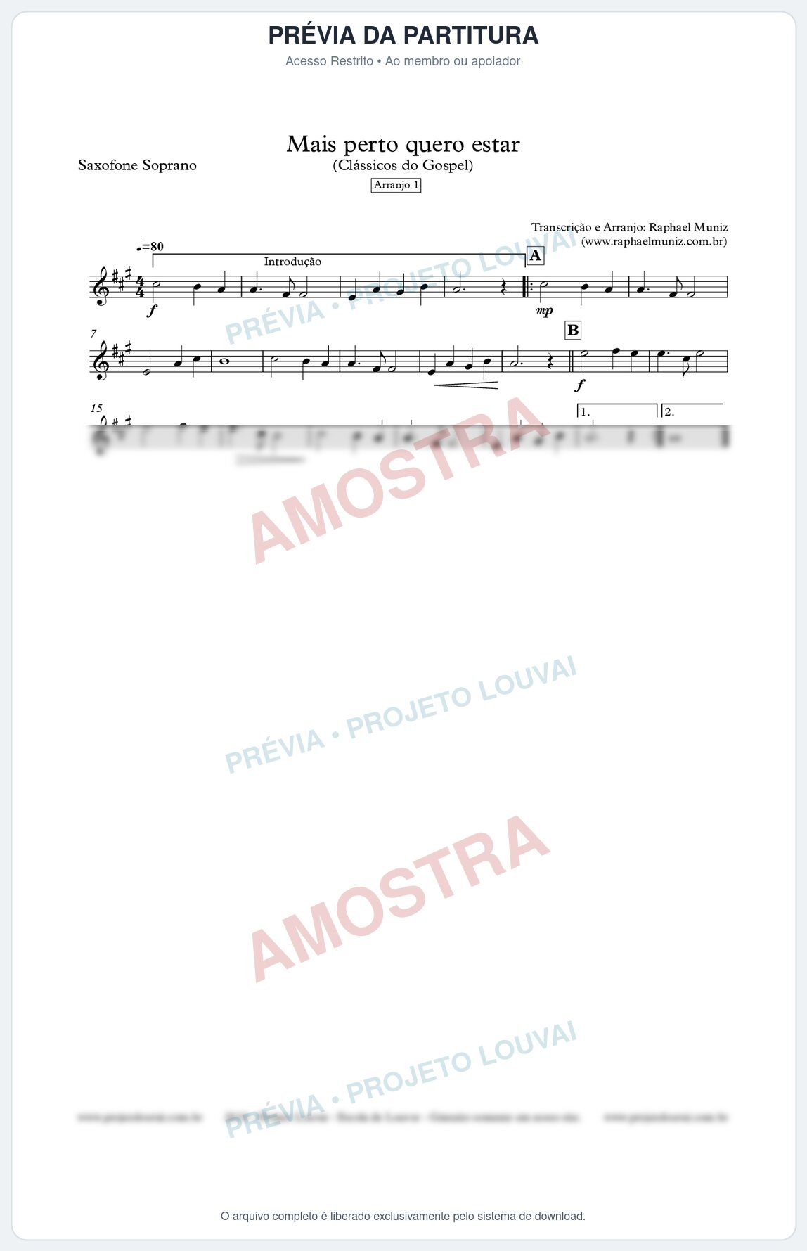 Prévia protegida da primeira página da partitura Partitura para Sax Soprano - Mais Perto Quero Estar (Arranjo 1 para Quarteto de Saxofone)
