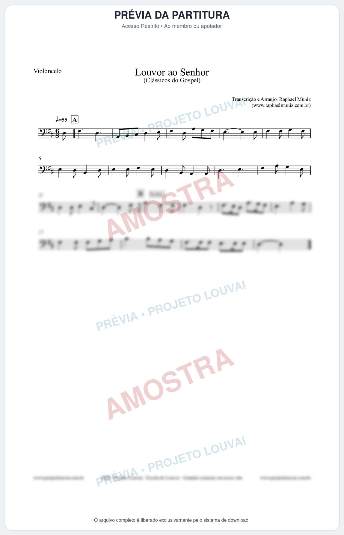 Prévia protegida da primeira página da partitura Partitura para Violoncelo - Louvor ao Senhor - Cantor Cristão nº3 - Clássicos do Gospel