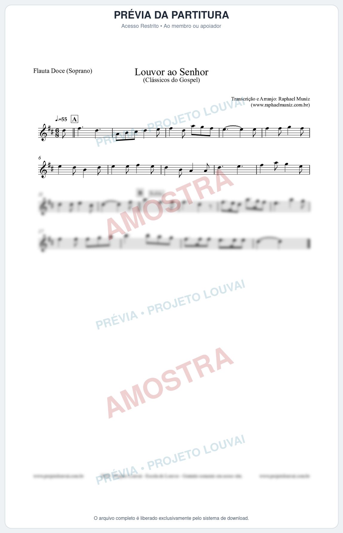 Prévia protegida da primeira página da partitura Partitura para Flauta Doce (Soprano) - Louvor ao Senhor - Cantor Cristão nº3 - Clássicos do Gospel