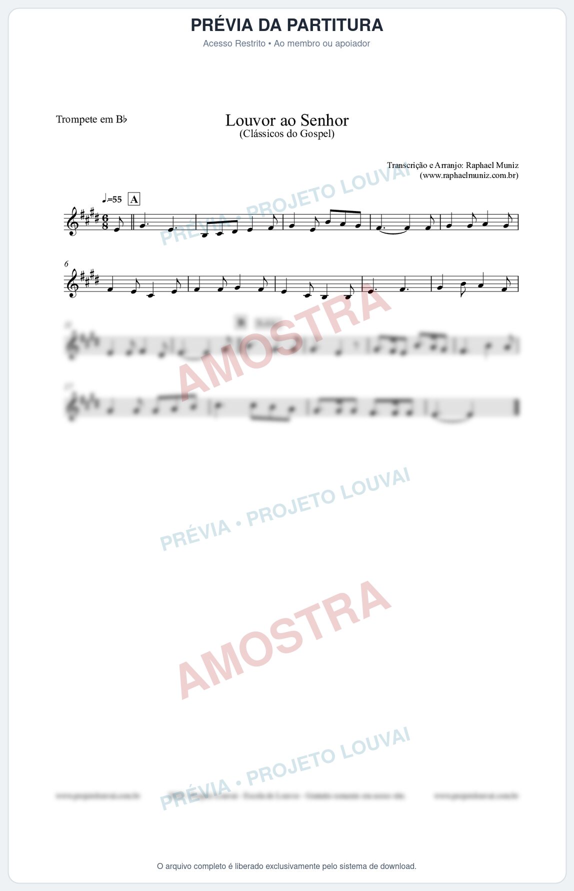 Prévia protegida da primeira página da partitura Partitura para Trompete em Bb - Louvor ao Senhor - Cantor Cristão nº3 - Clássicos do Gospel