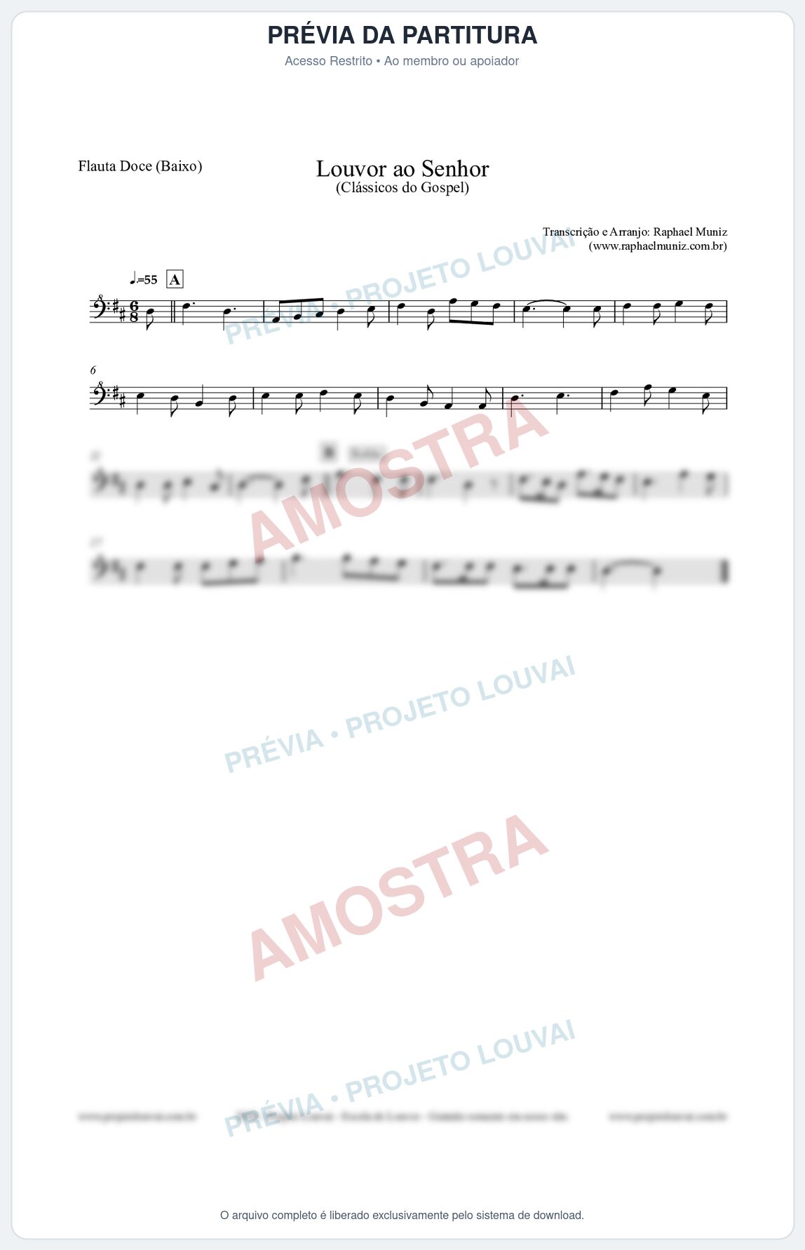Prévia protegida da primeira página da partitura Partitura para Flauta Doce (Baixo) - Louvor ao Senhor - Cantor Cristão nº3 - Clássicos do Gospel