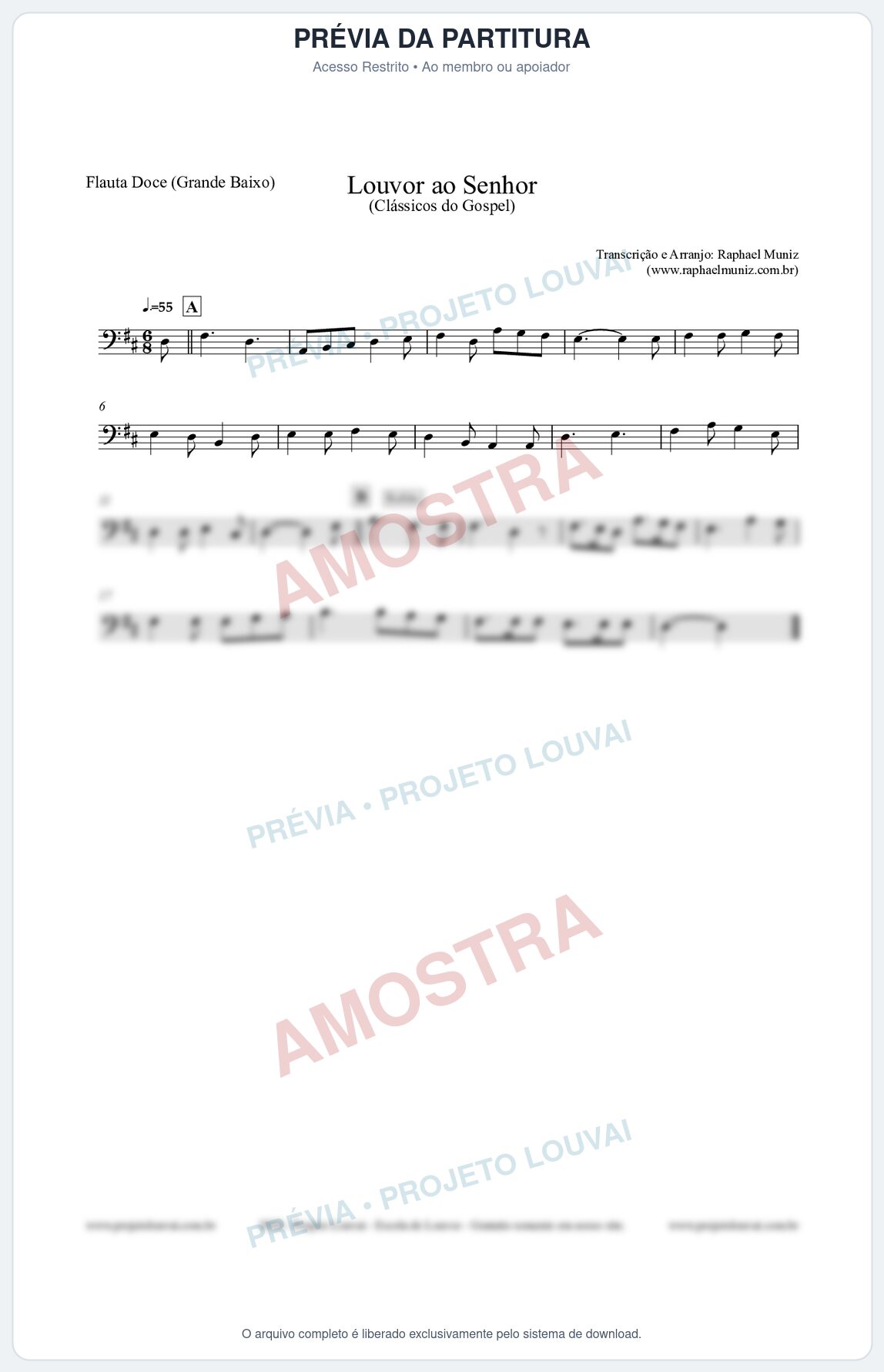 Prévia protegida da primeira página da partitura Partitura para Flauta Doce (Grande Baixo) - Louvor ao Senhor - Cantor Cristão nº3 - Clássicos do Gospel