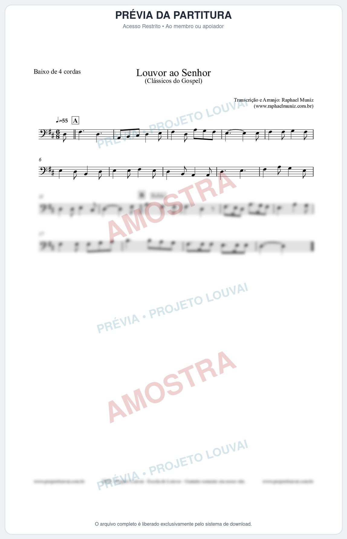 Prévia protegida da primeira página da partitura Partitura para Baixo de 4 cordas - Louvor ao Senhor - Cantor Cristão nº3 - Clássicos do Gospel