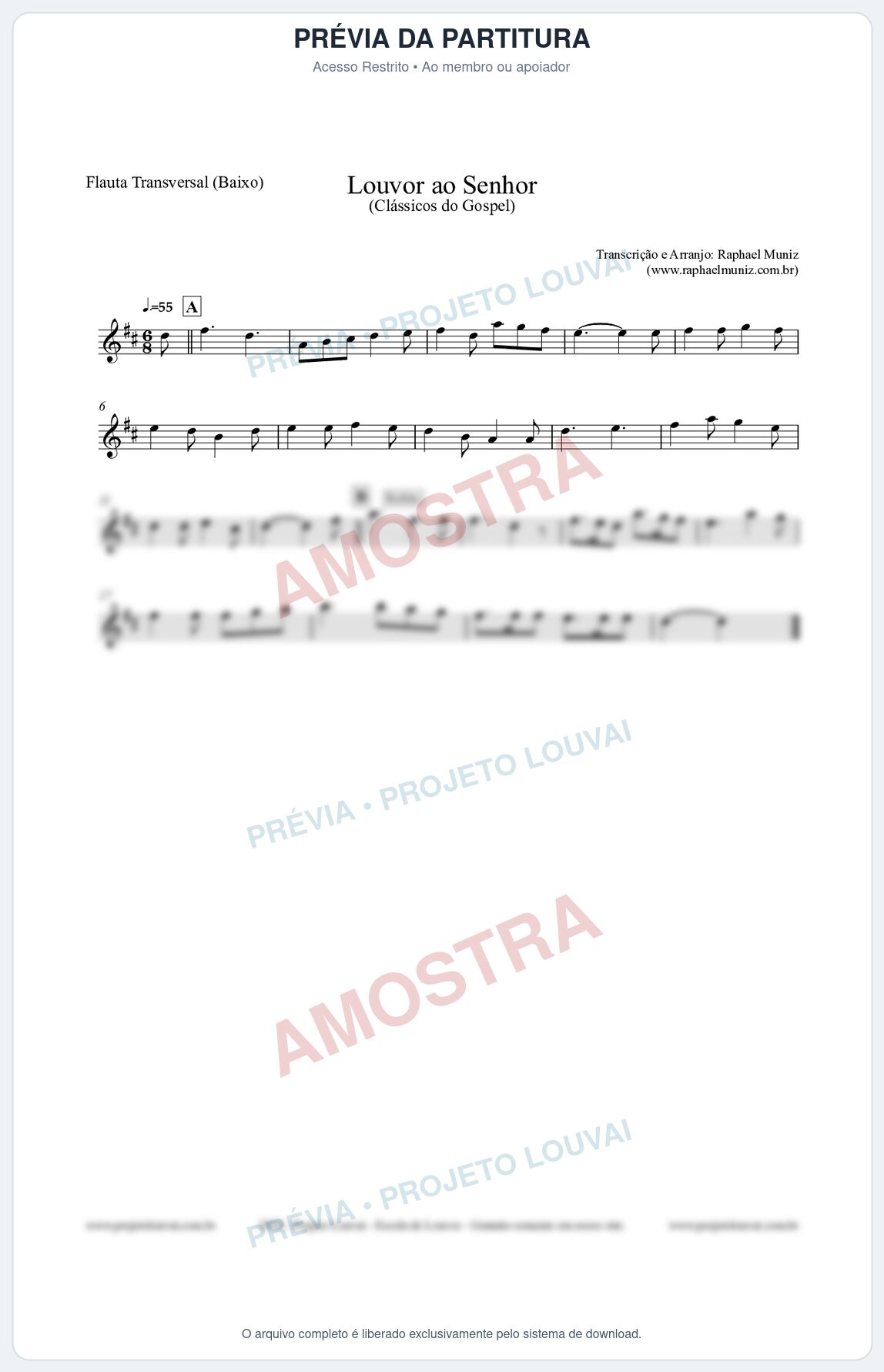 Prévia protegida da primeira página da partitura Partitura para Flauta Transversal (Baixo) - Louvor ao Senhor - Cantor Cristão nº3 - Clássicos do Gospel