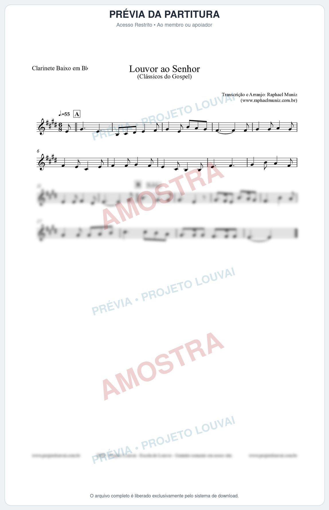 Prévia protegida da primeira página da partitura Partitura para Clarinete Baixo em Bb - Louvor ao Senhor - Cantor Cristão nº3 - Clássicos do Gospel