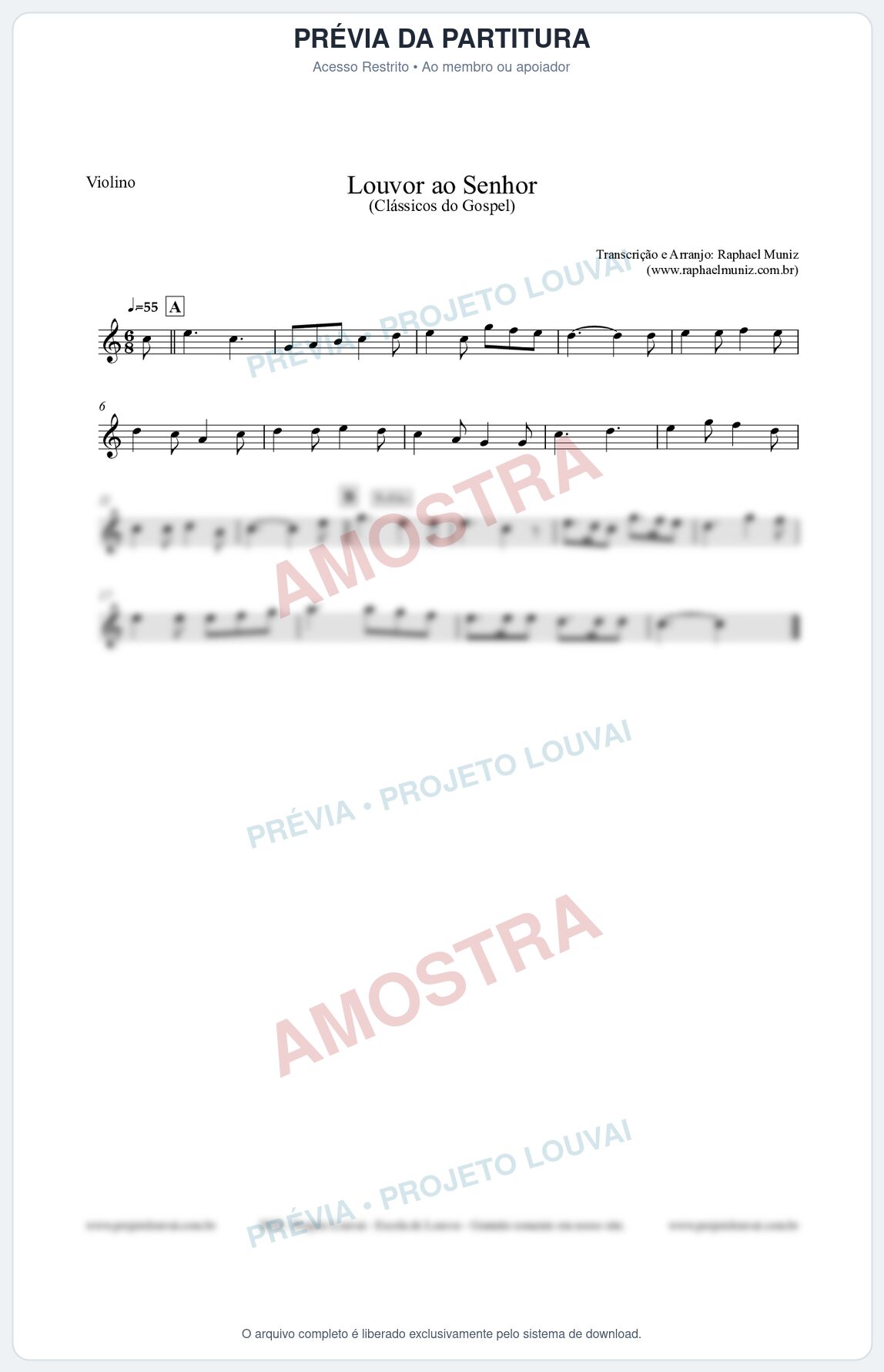 Prévia protegida da primeira página da partitura Partitura para Violino - Louvor ao Senhor - Cantor Cristão nº3 - Clássicos do Gospel