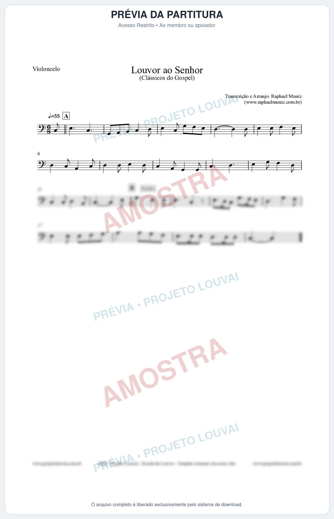 Prévia protegida da primeira página da partitura Partitura para Violoncelo - Louvor ao Senhor - Cantor Cristão nº3 - Clássicos do Gospel