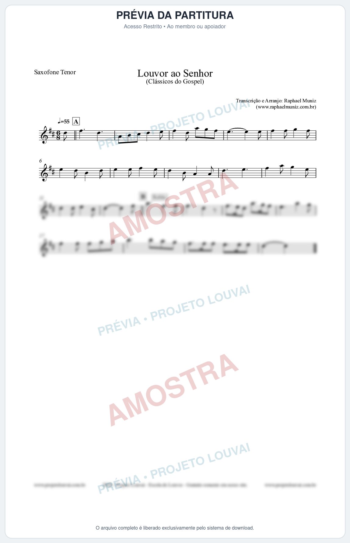 Prévia protegida da primeira página da partitura Partitura para Saxofone Tenor - Louvor ao Senhor - Cantor Cristão nº3 - Clássicos do Gospel