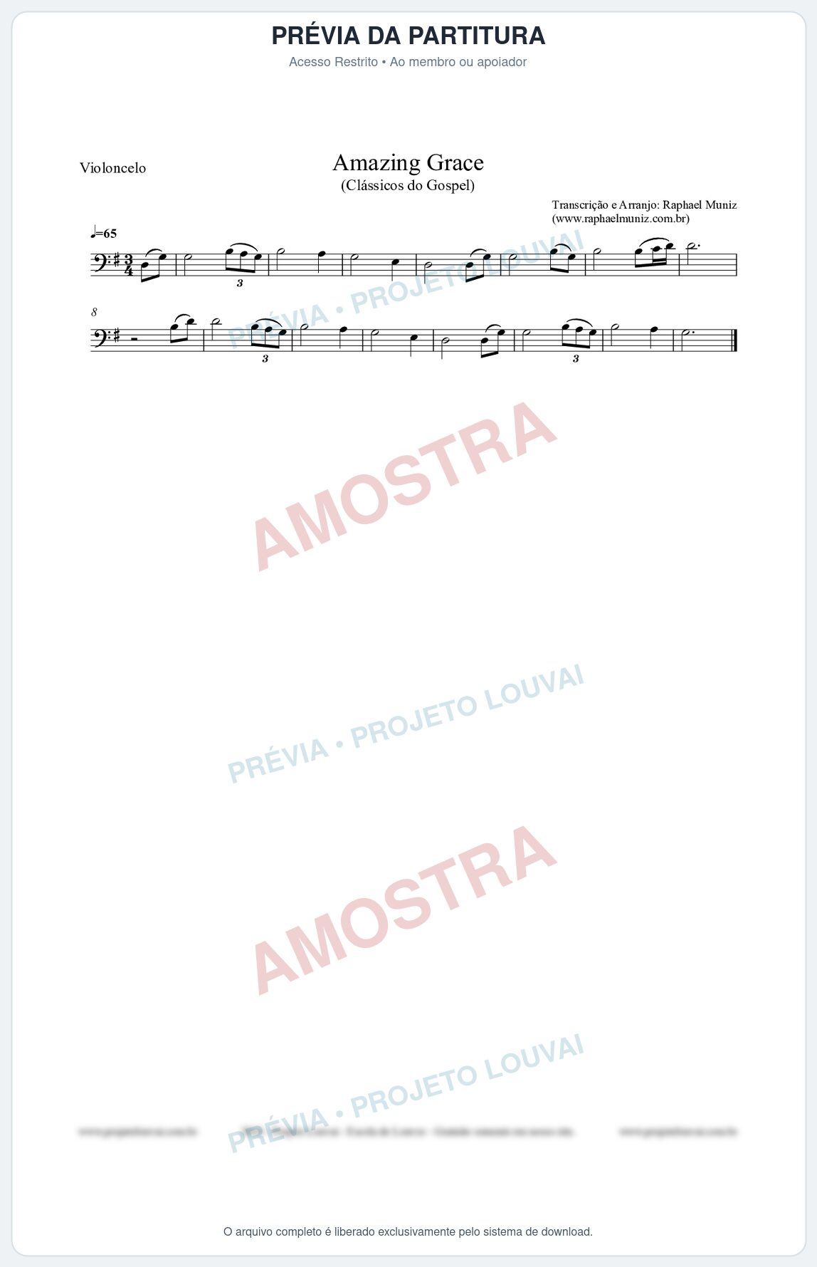 Prévia protegida da primeira página da partitura Partitura para Violoncelo -Amazing Grace  Clássicos do Gospel