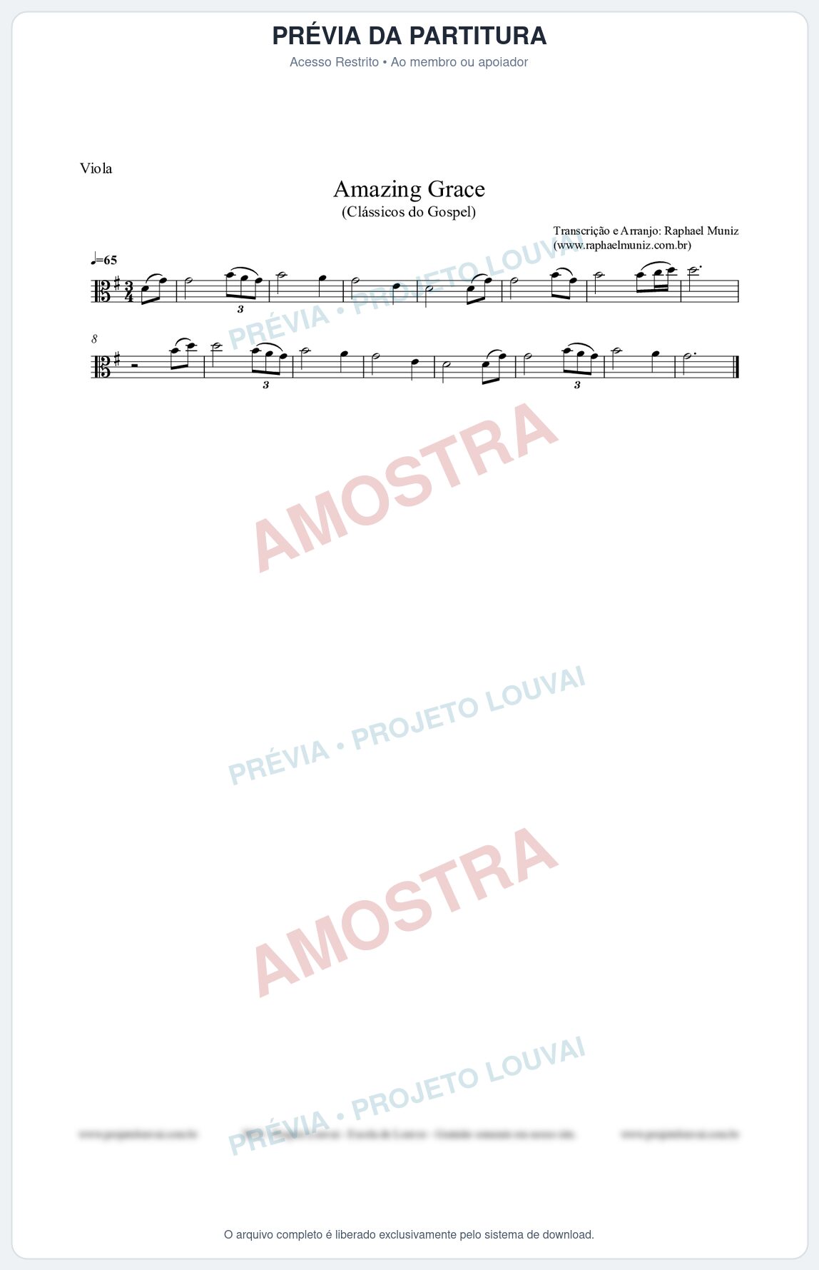 Prévia protegida da primeira página da partitura Partitura para Viola - Amazing Grace - Clássicos do Gospel