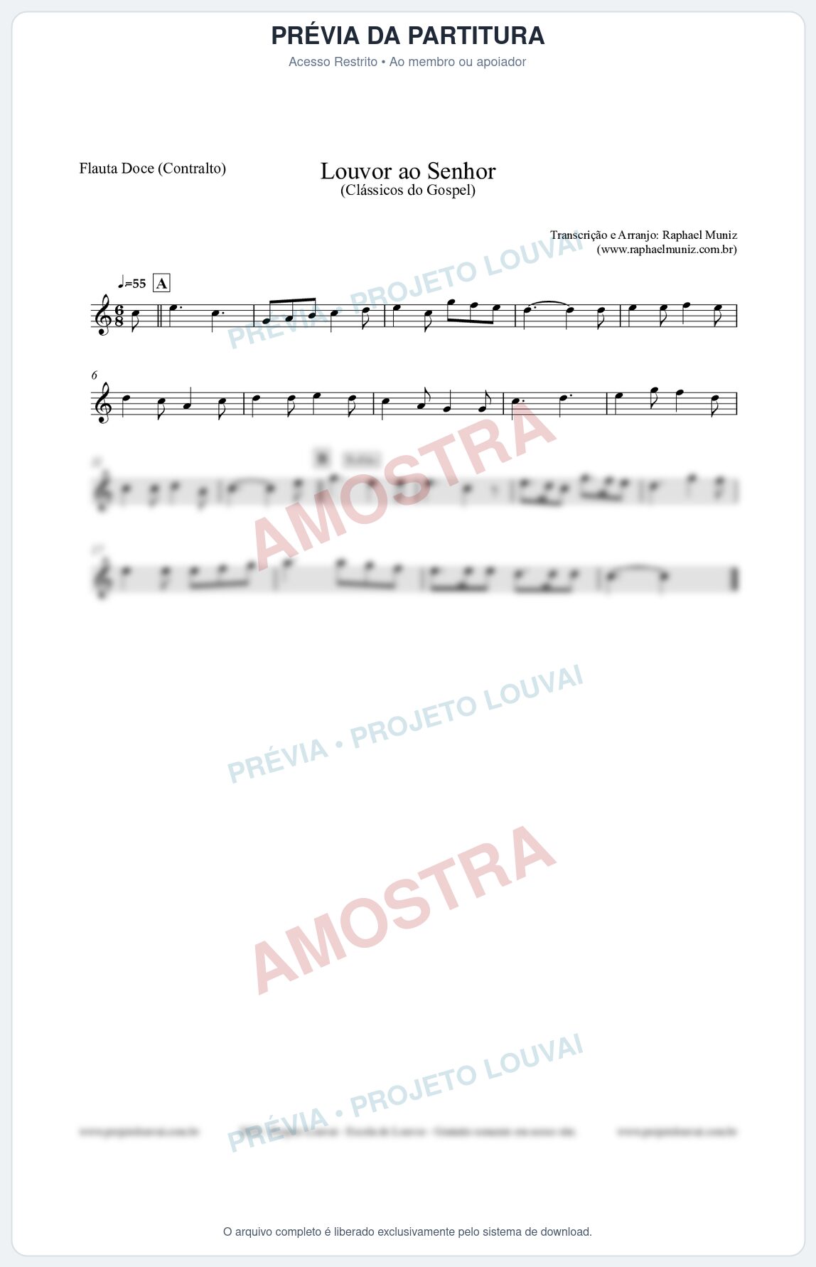 Prévia protegida da primeira página da partitura Partitura para Flauta Doce (Contralto) - Louvor ao Senhor - Cantor Cristão nº3 - Clássicos do Gospel