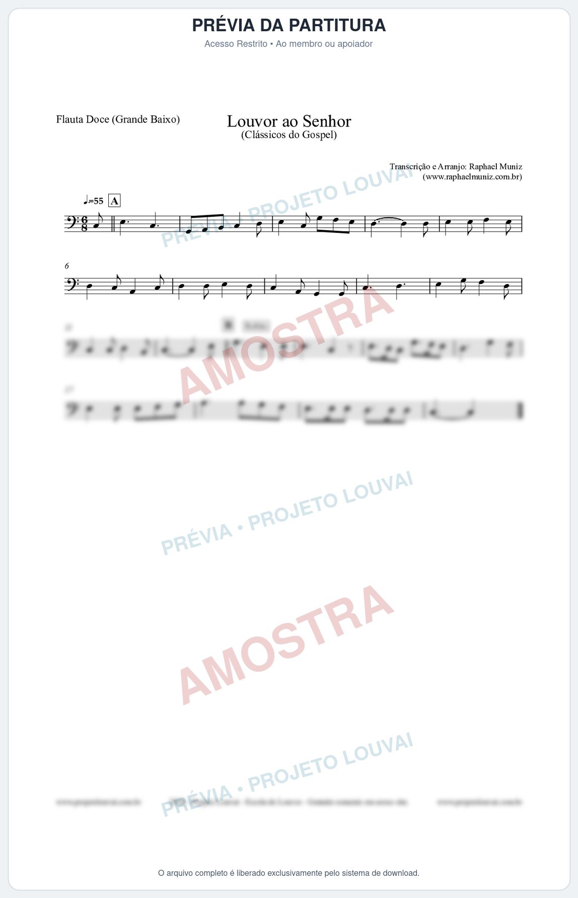 Prévia protegida da primeira página da partitura Partitura para Flauta Doce (Grande Baixo) - Louvor ao Senhor - Cantor Cristão nº3 - Clássicos do Gospel