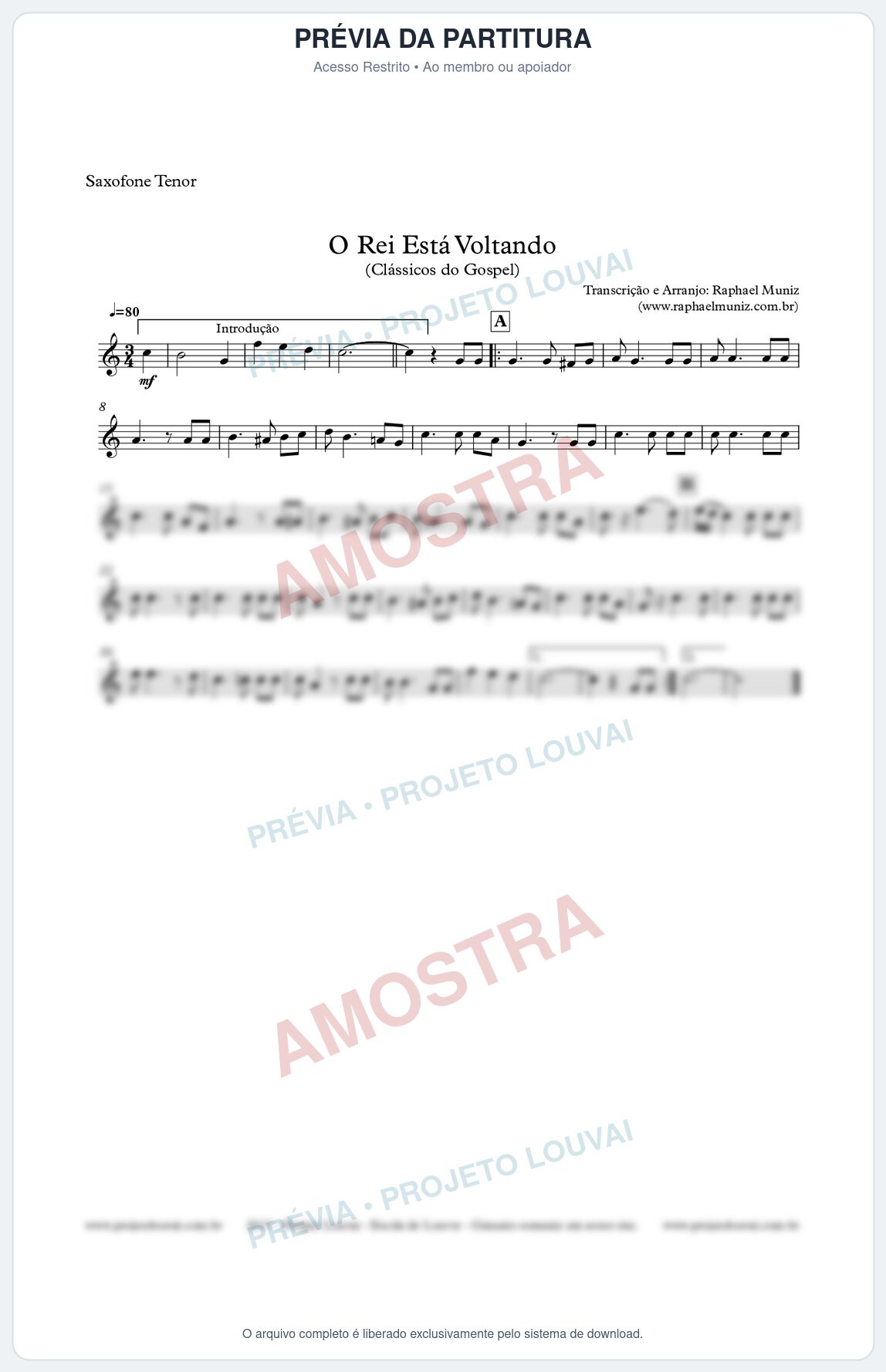 Prévia protegida da primeira página da partitura Partitura para Sax Tenor - O Rei Está Voltando - Clássicos do Gospel