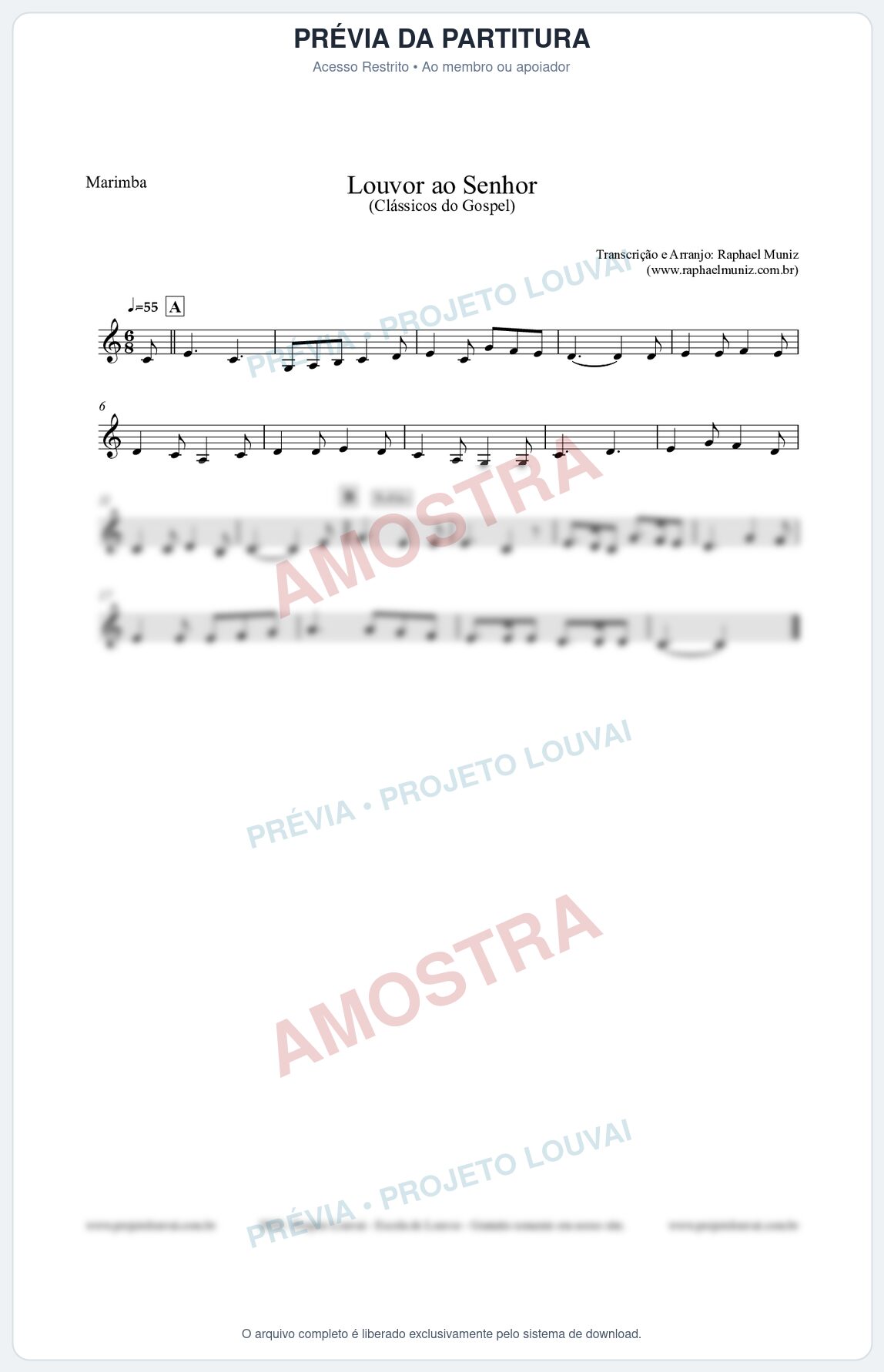 Prévia protegida da primeira página da partitura Partitura para Marimba - Louvor ao Senhor - Cantor Cristão nº3 - Clássicos do Gospel